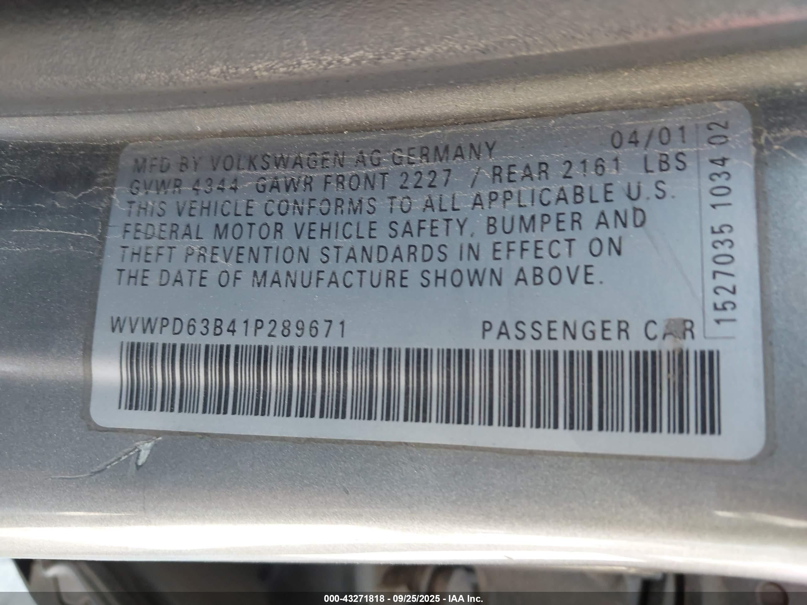 2001 Volkswagen Passat Gls Silver vin: WVWPD63B41P289671