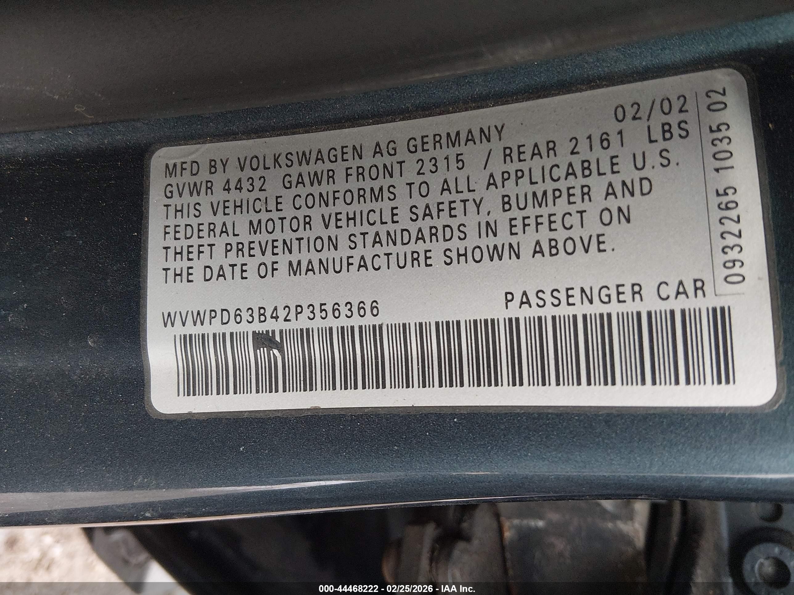 2002 Volkswagen Passat Gls Blue vin: WVWPD63B42P356366