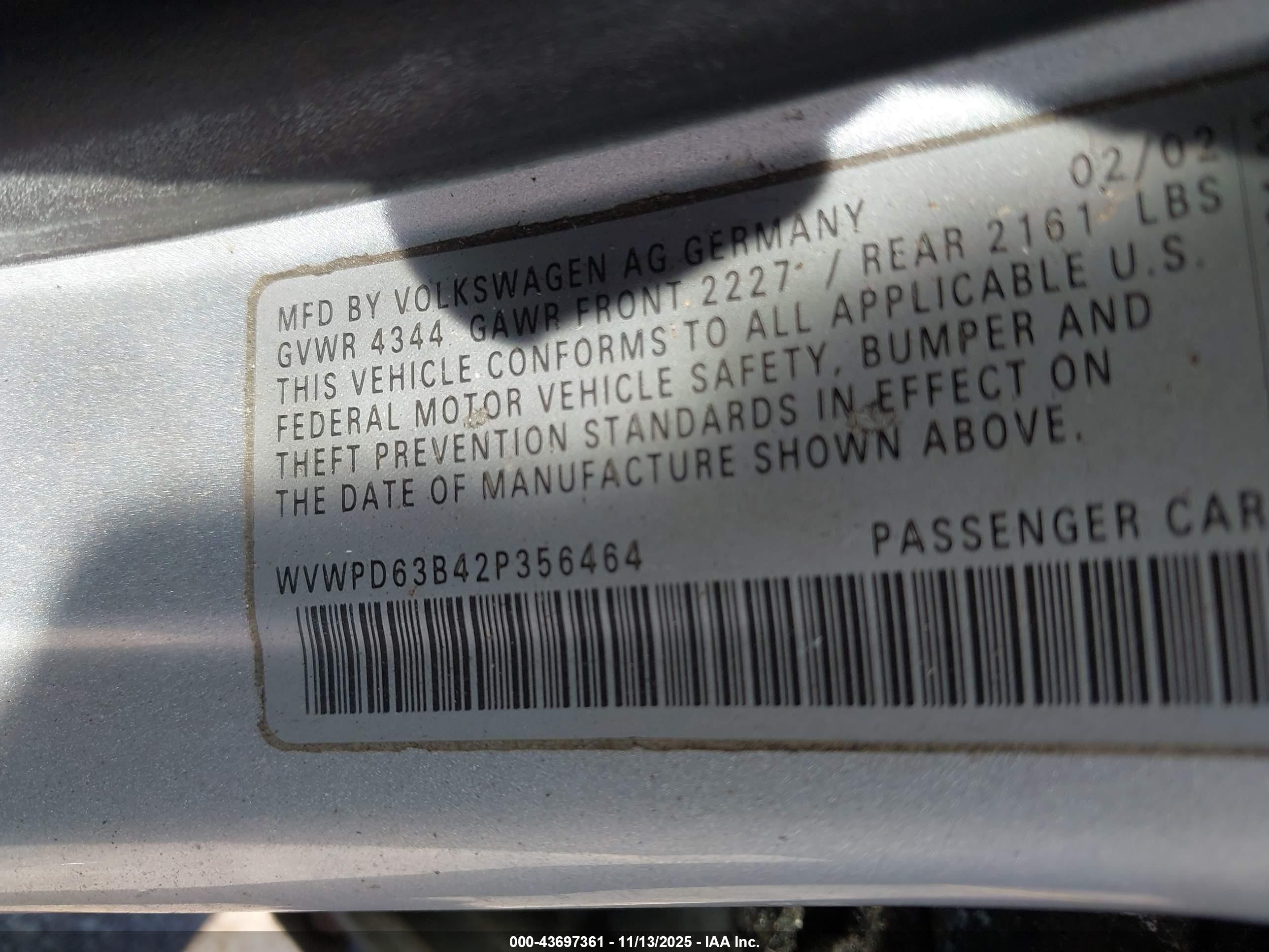 2002 Volkswagen Passat Gls Silver vin: WVWPD63B42P356464