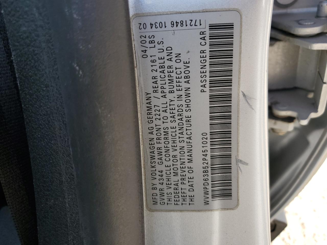 2002 Volkswagen Passat Gls Gray vin: WVWPD63B52P451020