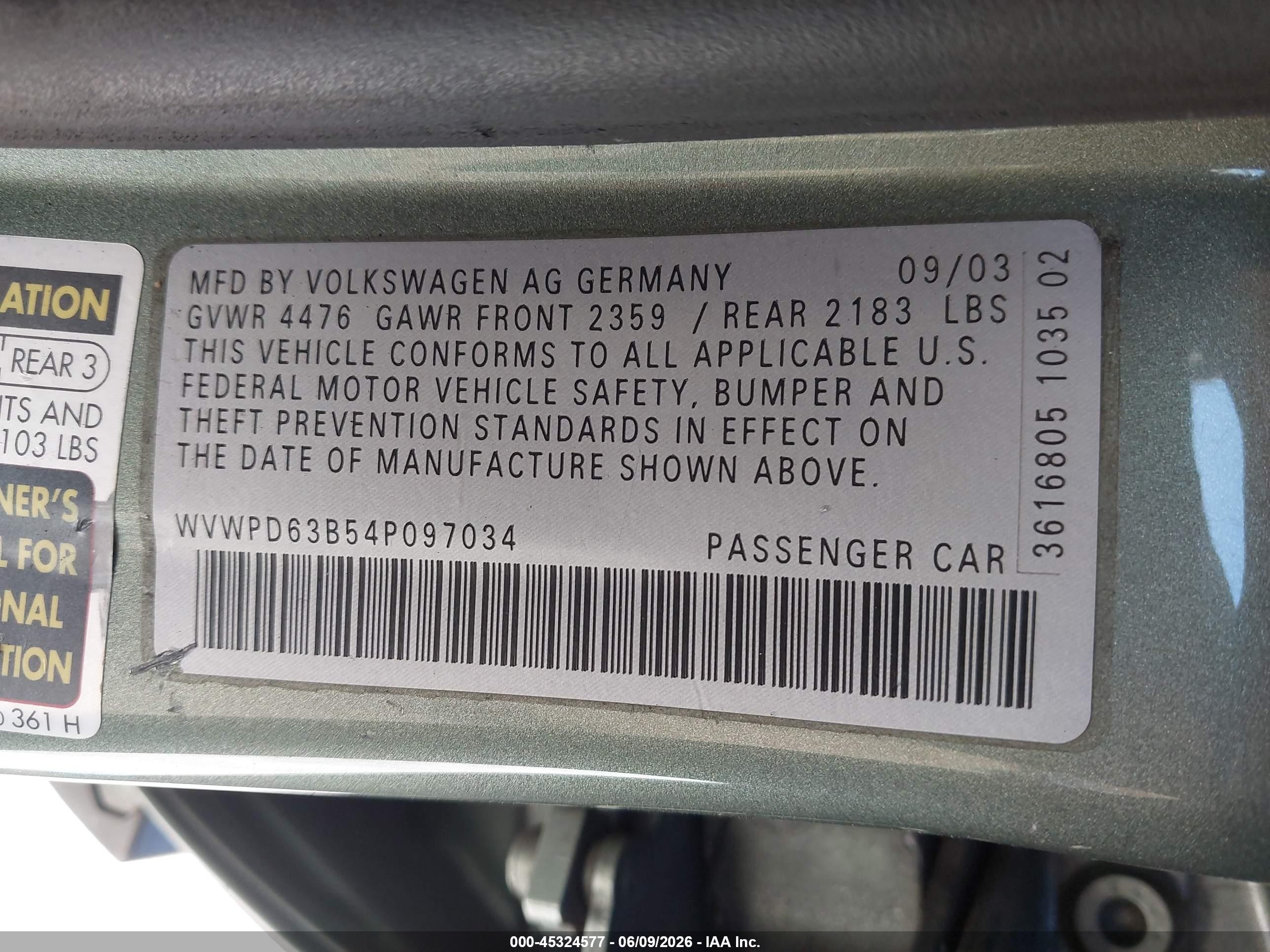 2004 Volkswagen Passat Gls Зеленый vin: WVWPD63B54P097034