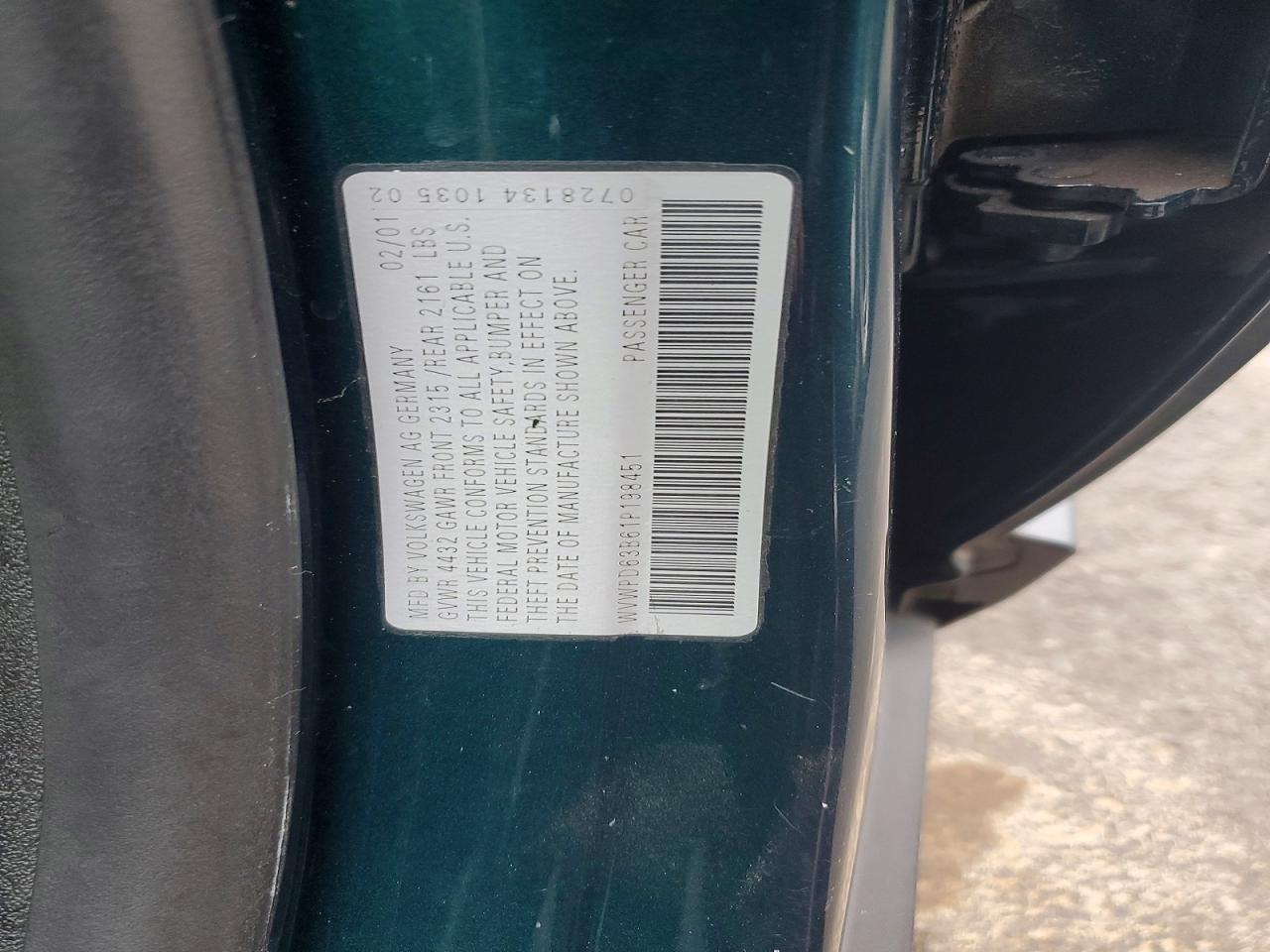 2001 Volkswagen Passat Gls Green vin: WVWPD63B61P198451
