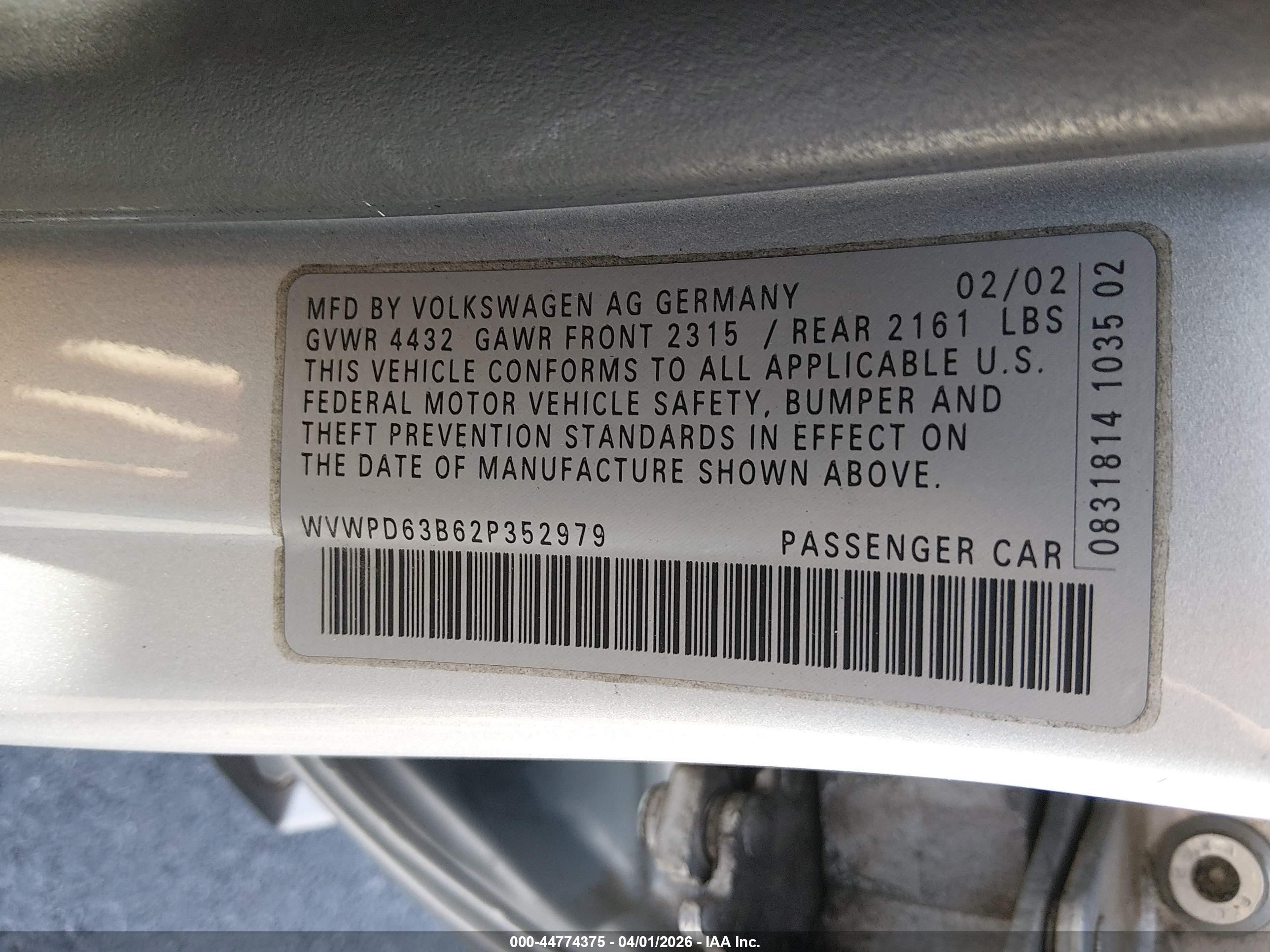 2002 Volkswagen Passat Gls Silver vin: WVWPD63B62P352979