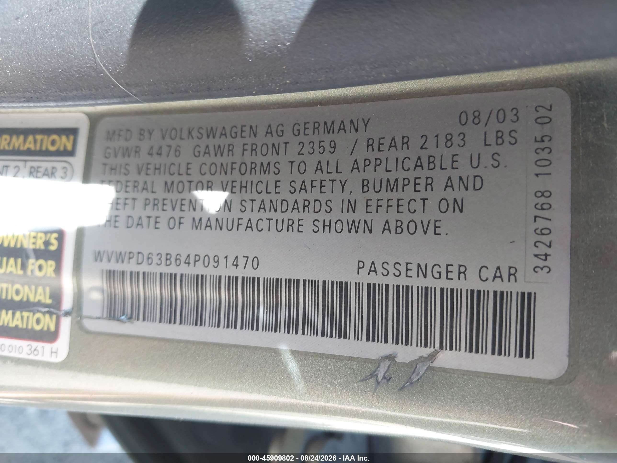2004 Volkswagen Passat Gls Green vin: WVWPD63B64P091470