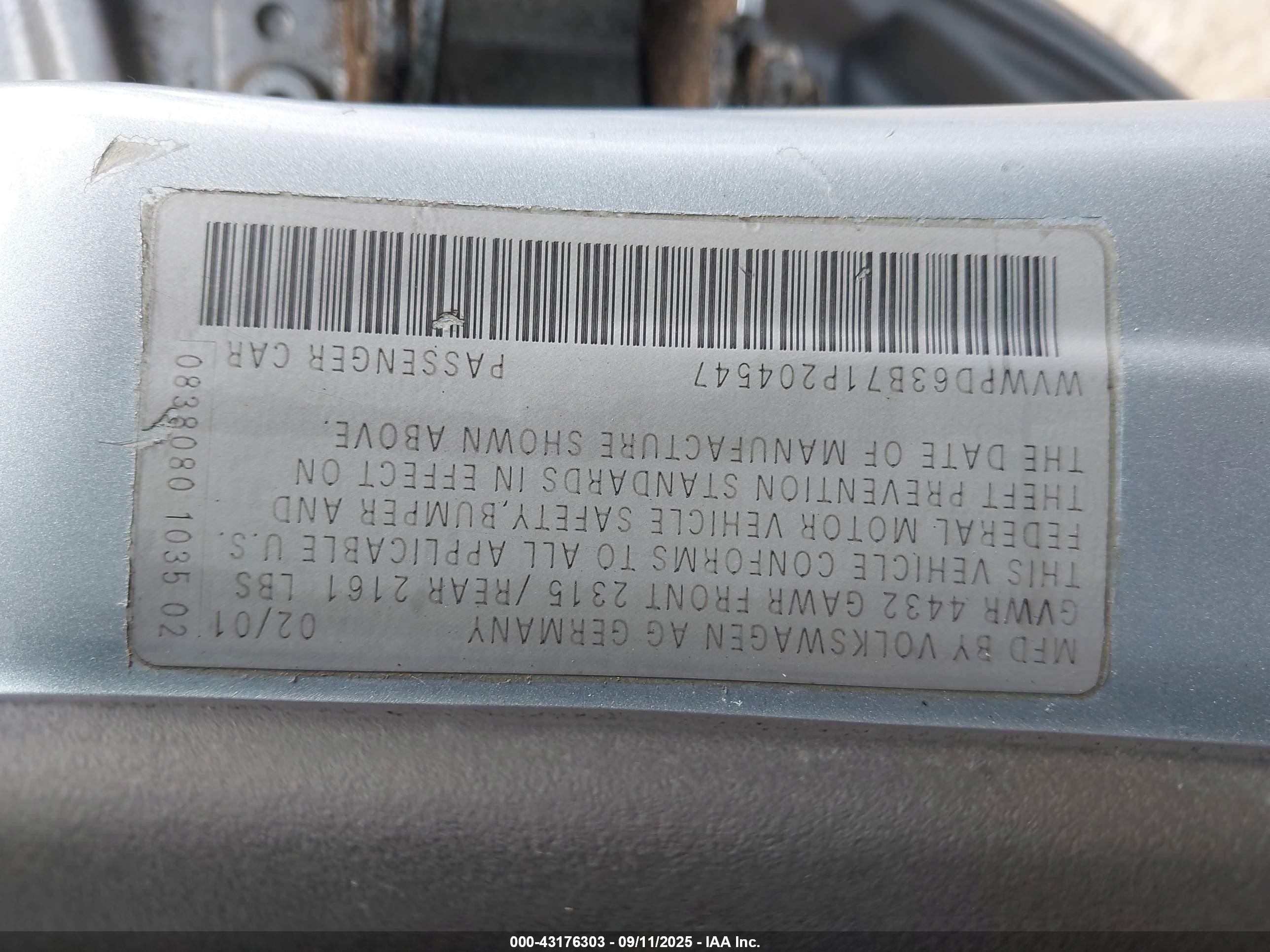 2001 Volkswagen Passat Gls Light Blue vin: WVWPD63B71P204547