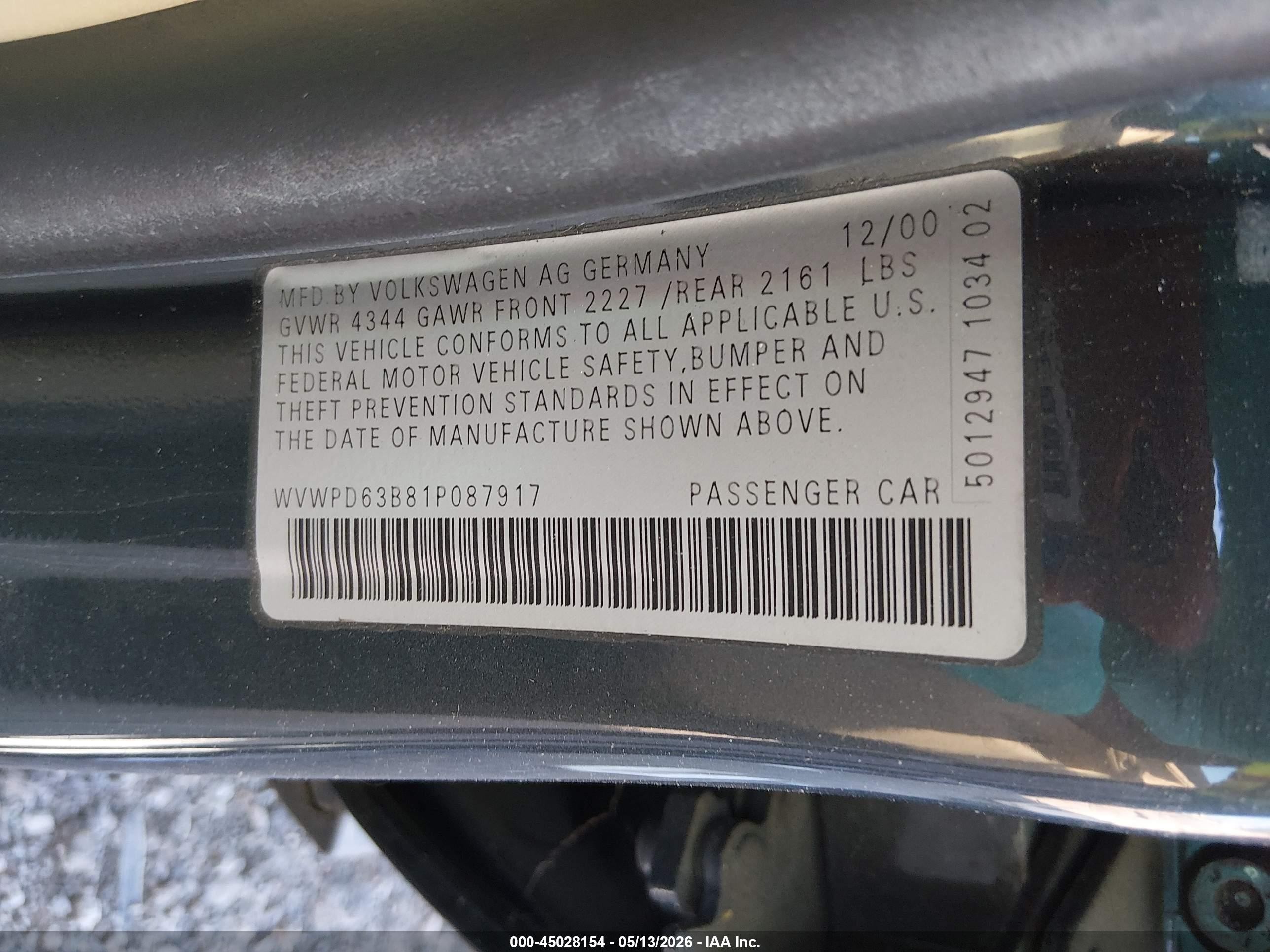 2001 Volkswagen Passat Gls Gold vin: WVWPD63B81P087917