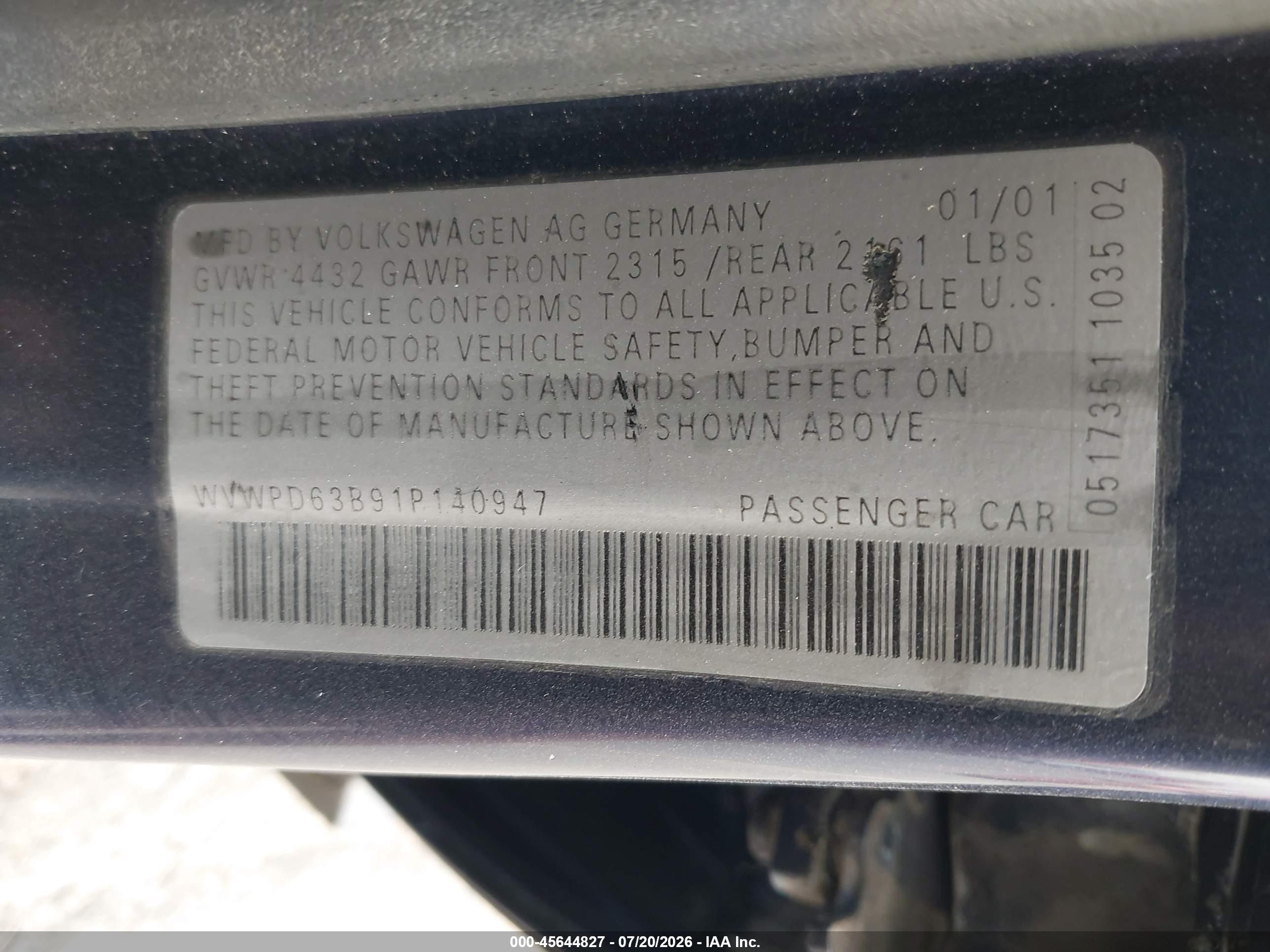 2001 Volkswagen Passat Gls Blue vin: WVWPD63B91P140947