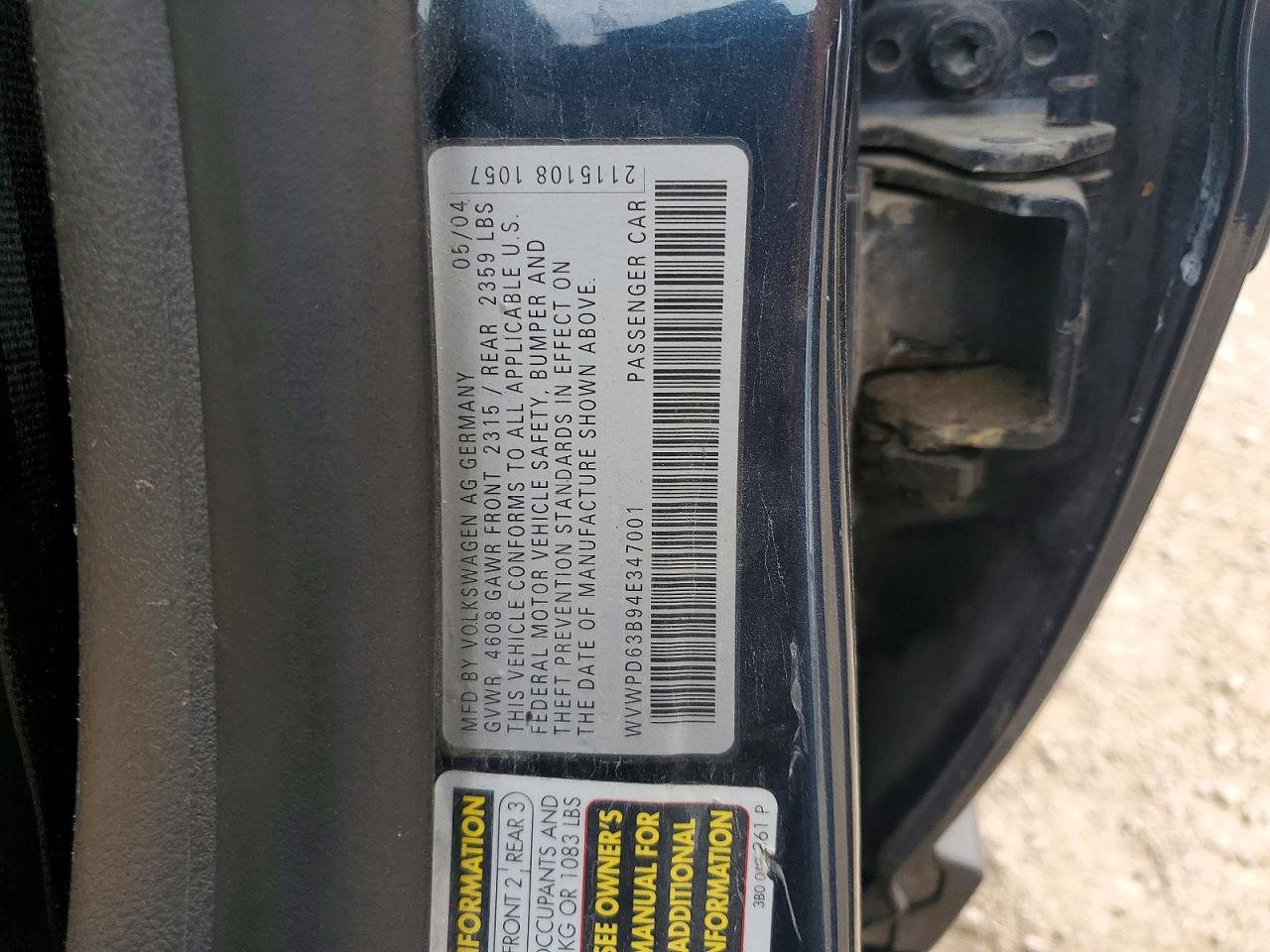 2004 Volkswagen Passat Gls Blue vin: WVWPD63B94E347001