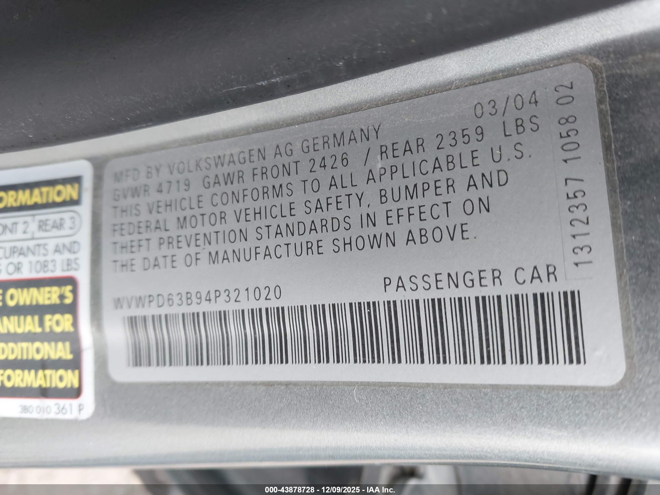 2004 Volkswagen Passat Gls Серебряный vin: WVWPD63B94P321020
