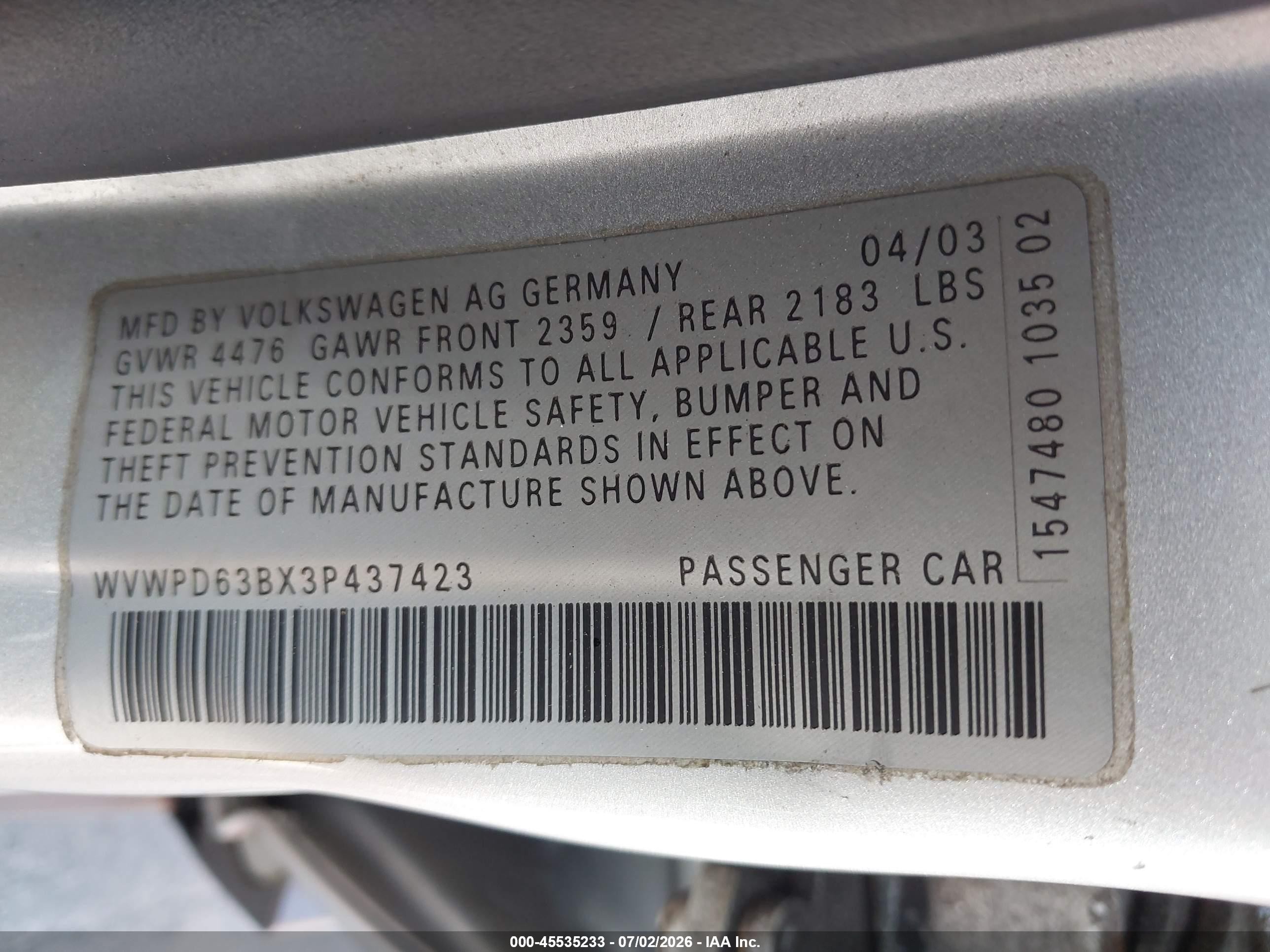 2003 Volkswagen Passat Gls Silver vin: WVWPD63BX3P437423