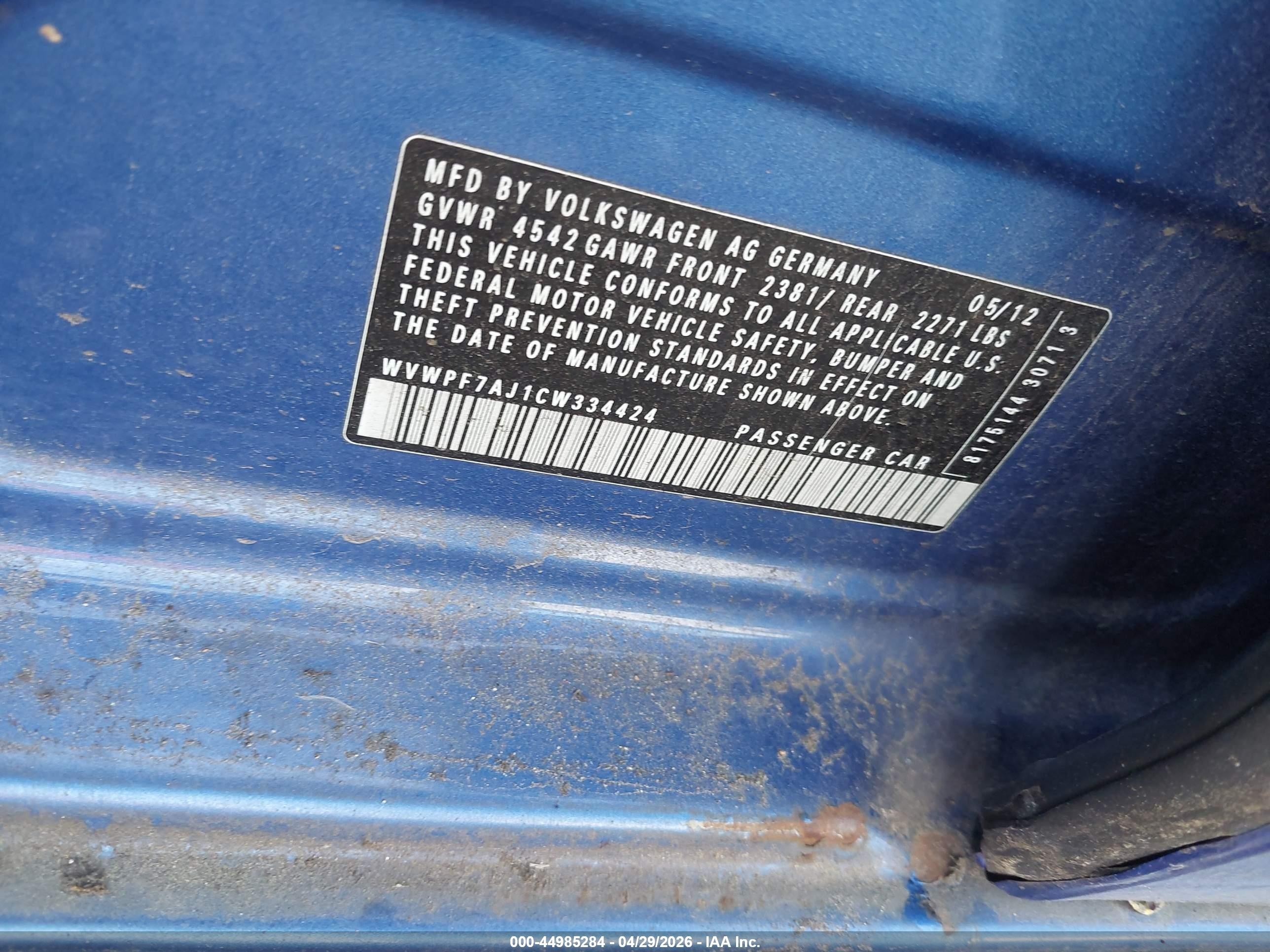 2012 Volkswagen Golf R 4-door Blue vin: WVWPF7AJ1CW334424