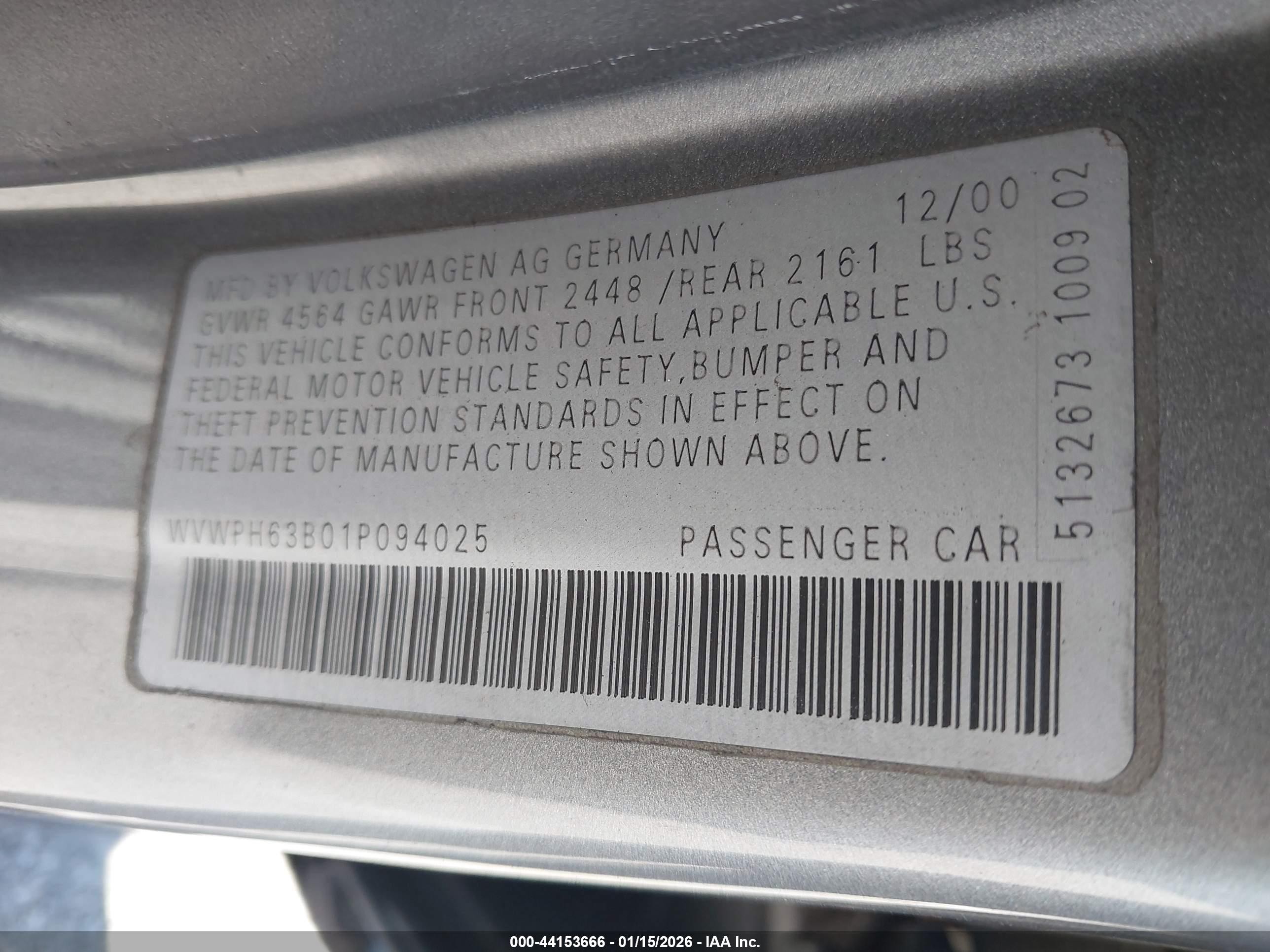 2001 Volkswagen Passat Gls V6 Gray vin: WVWPH63B01P094025
