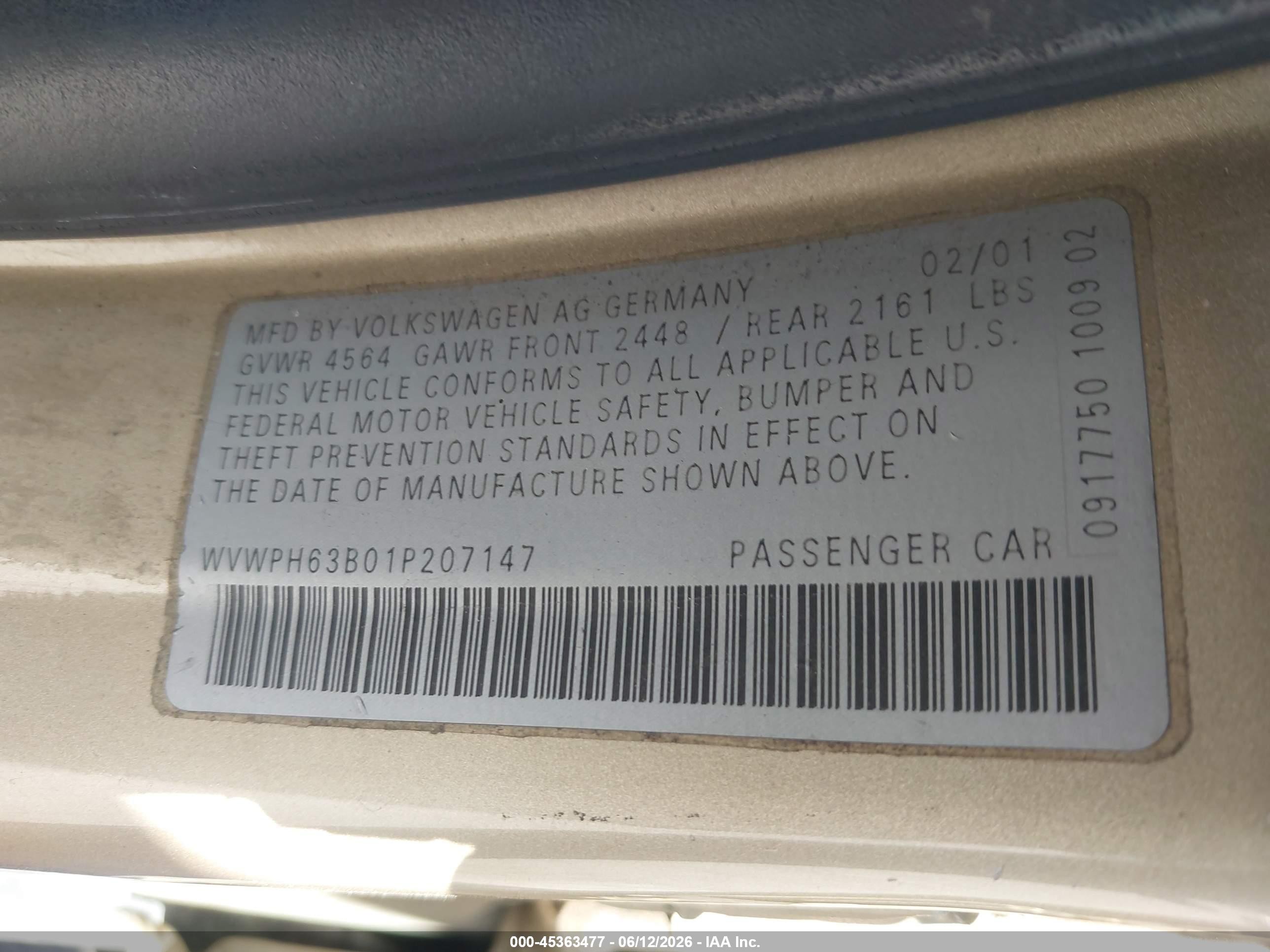 2001 Volkswagen Passat Gls V6 Champagne vin: WVWPH63B01P207147