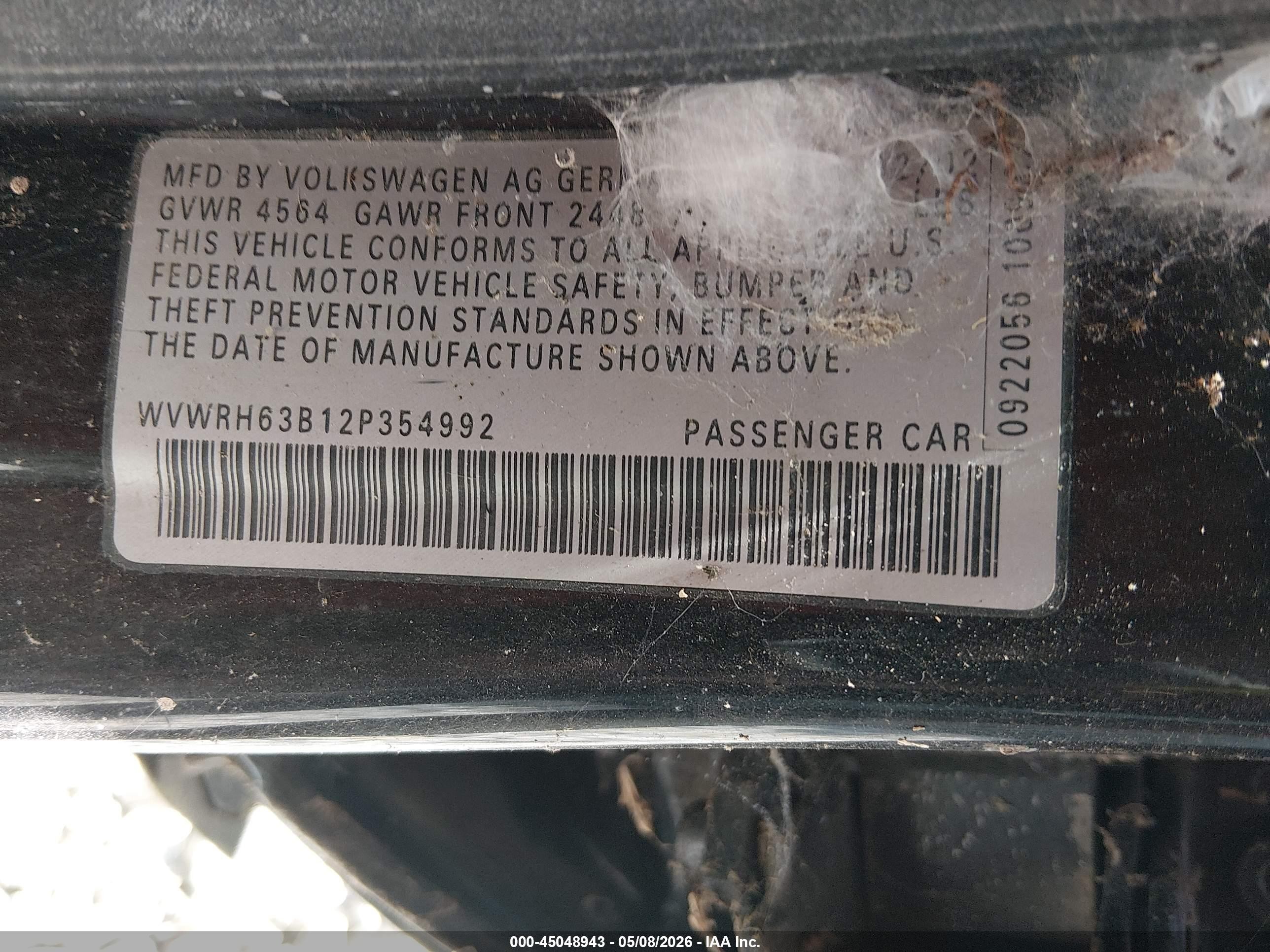 2002 Volkswagen Passat Glx Black vin: WVWRH63B12P354992