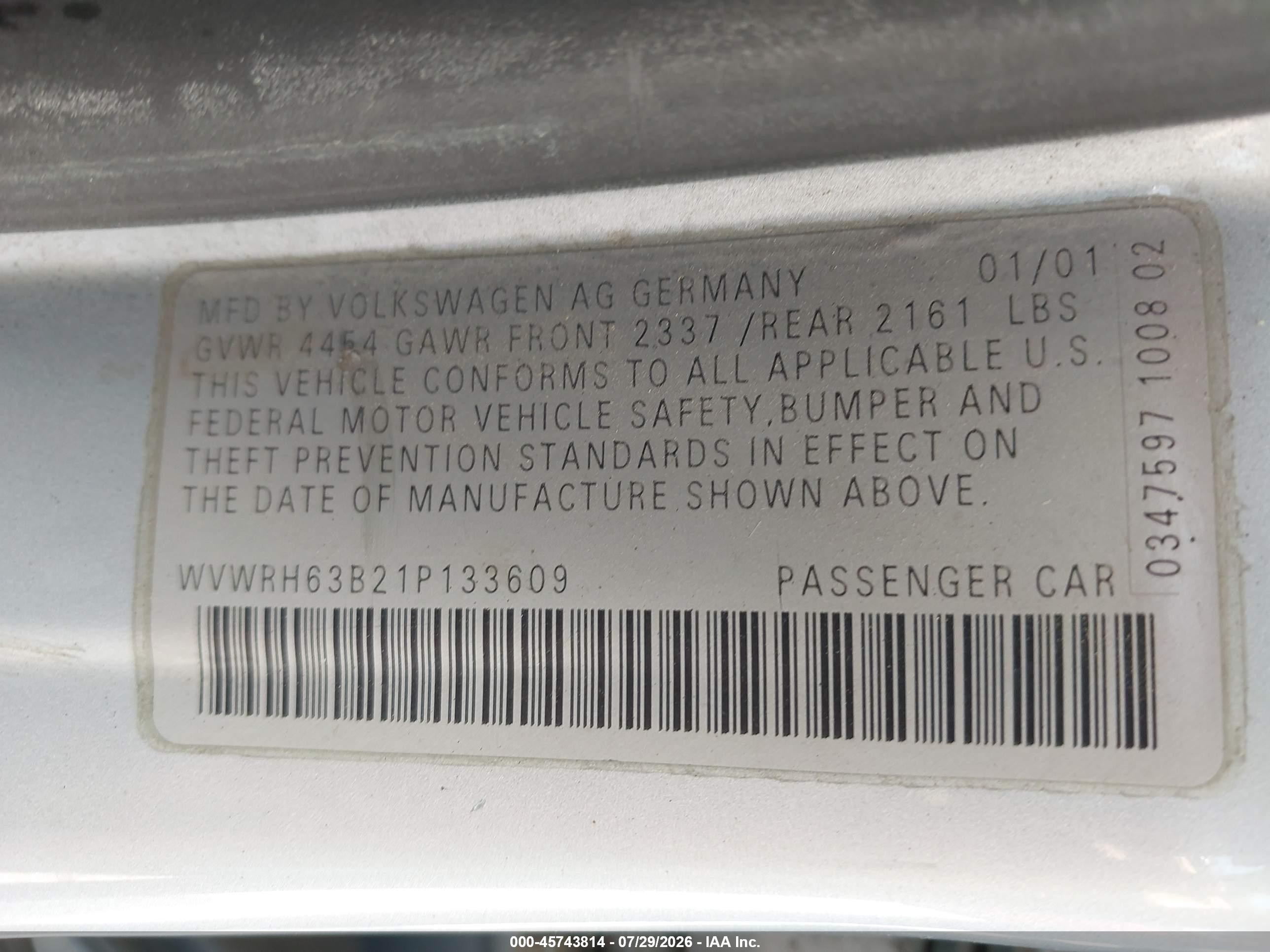 2001 Volkswagen Passat Glx Light Blue vin: WVWRH63B21P133609