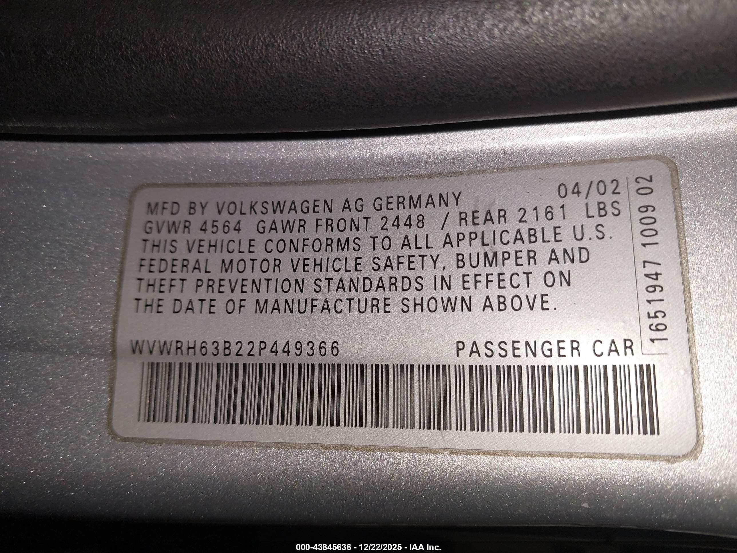2002 Volkswagen Passat Glx Gray vin: WVWRH63B22P449366