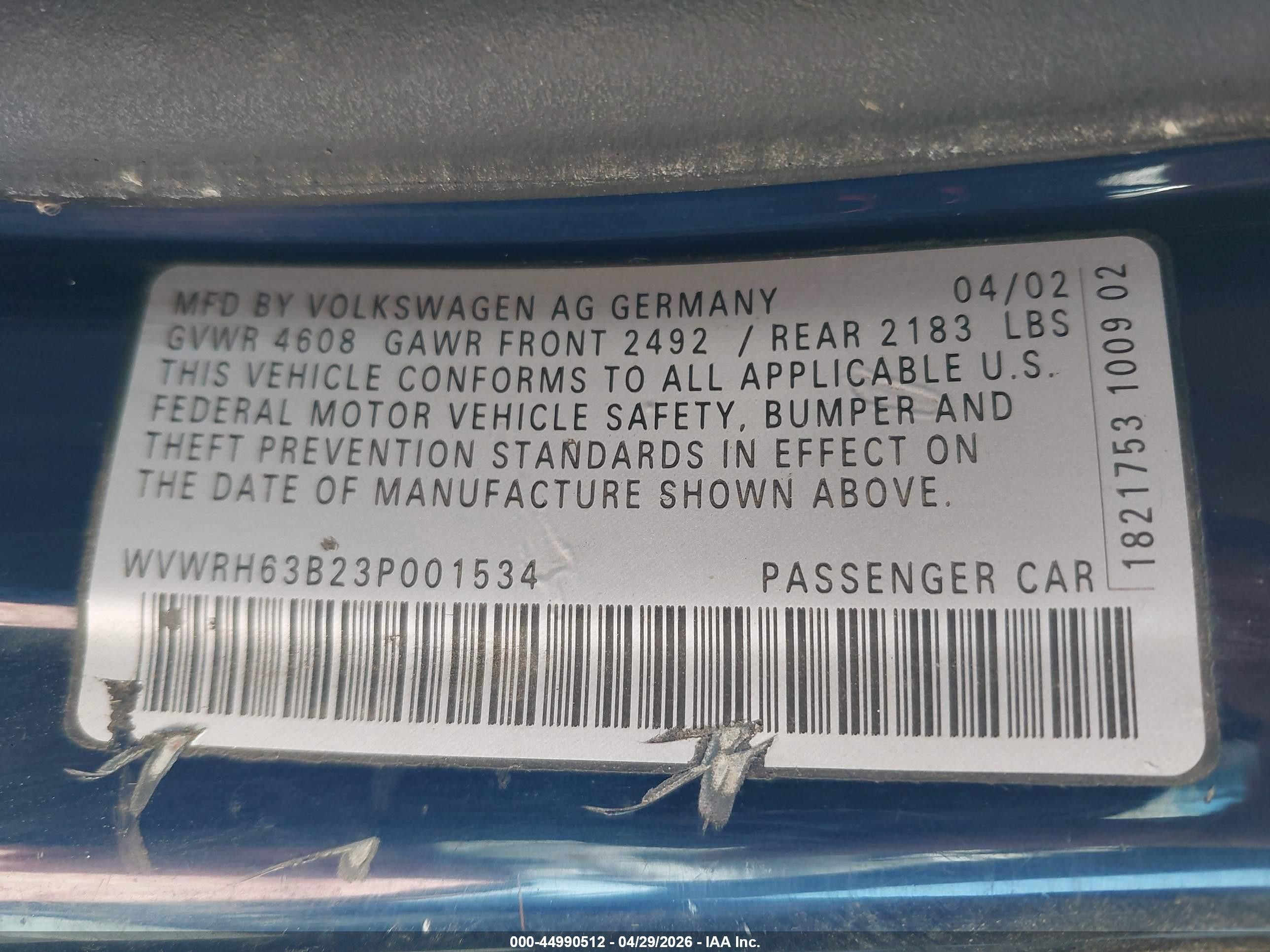 2003 Volkswagen Passat Glx Blue vin: WVWRH63B23P001534