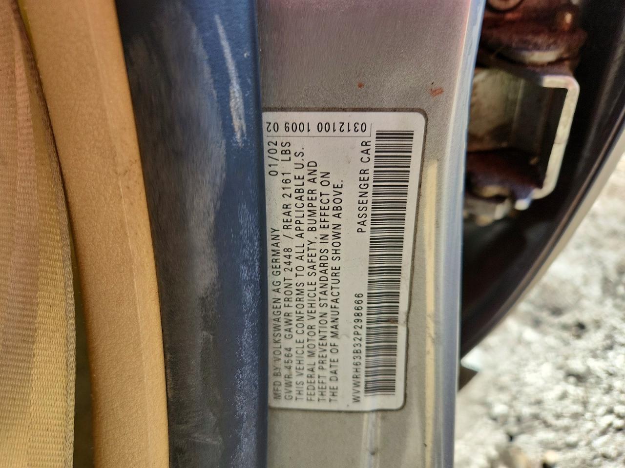 2002 Volkswagen Passat Glx Gray vin: WVWRH63B32P298666