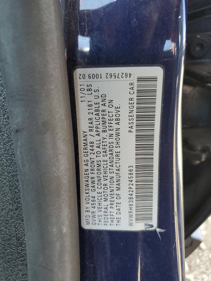 2002 Volkswagen Passat Glx Blue vin: WVWRH63B42P245863