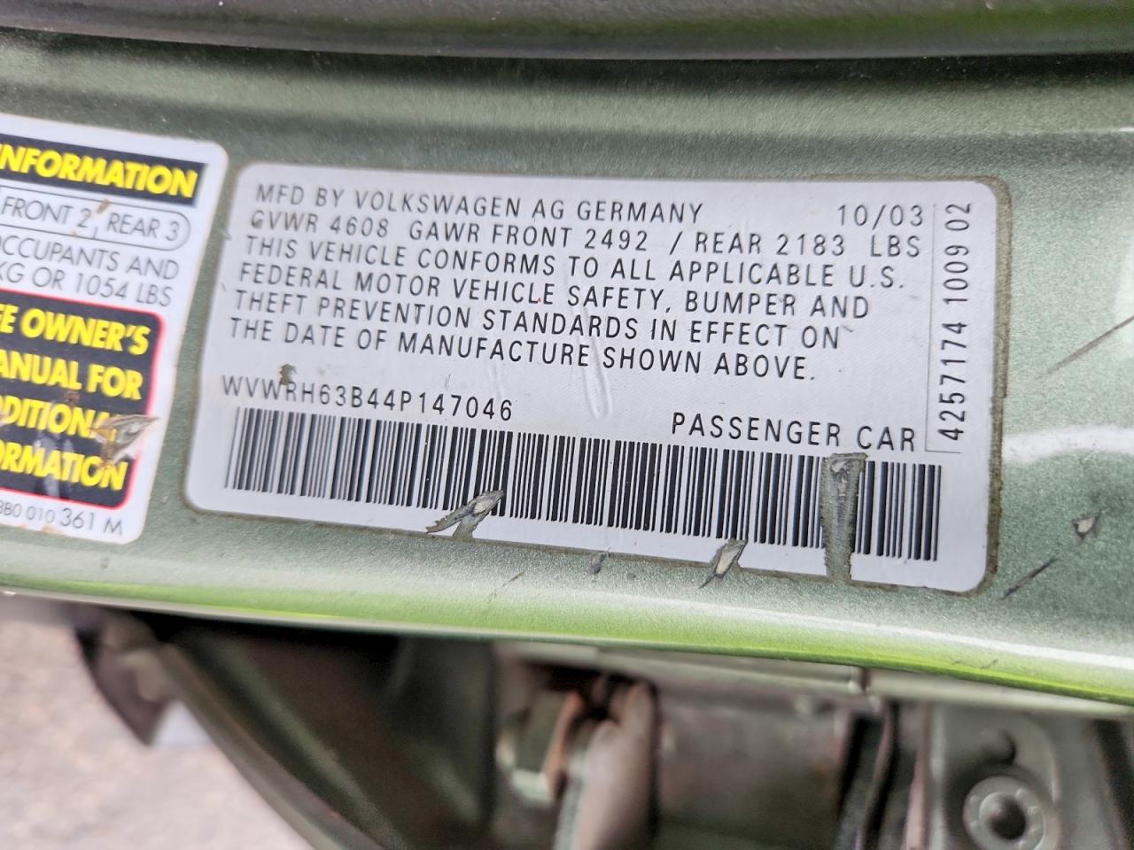 2004 Volkswagen Passat Glx Green vin: WVWRH63B44P147046