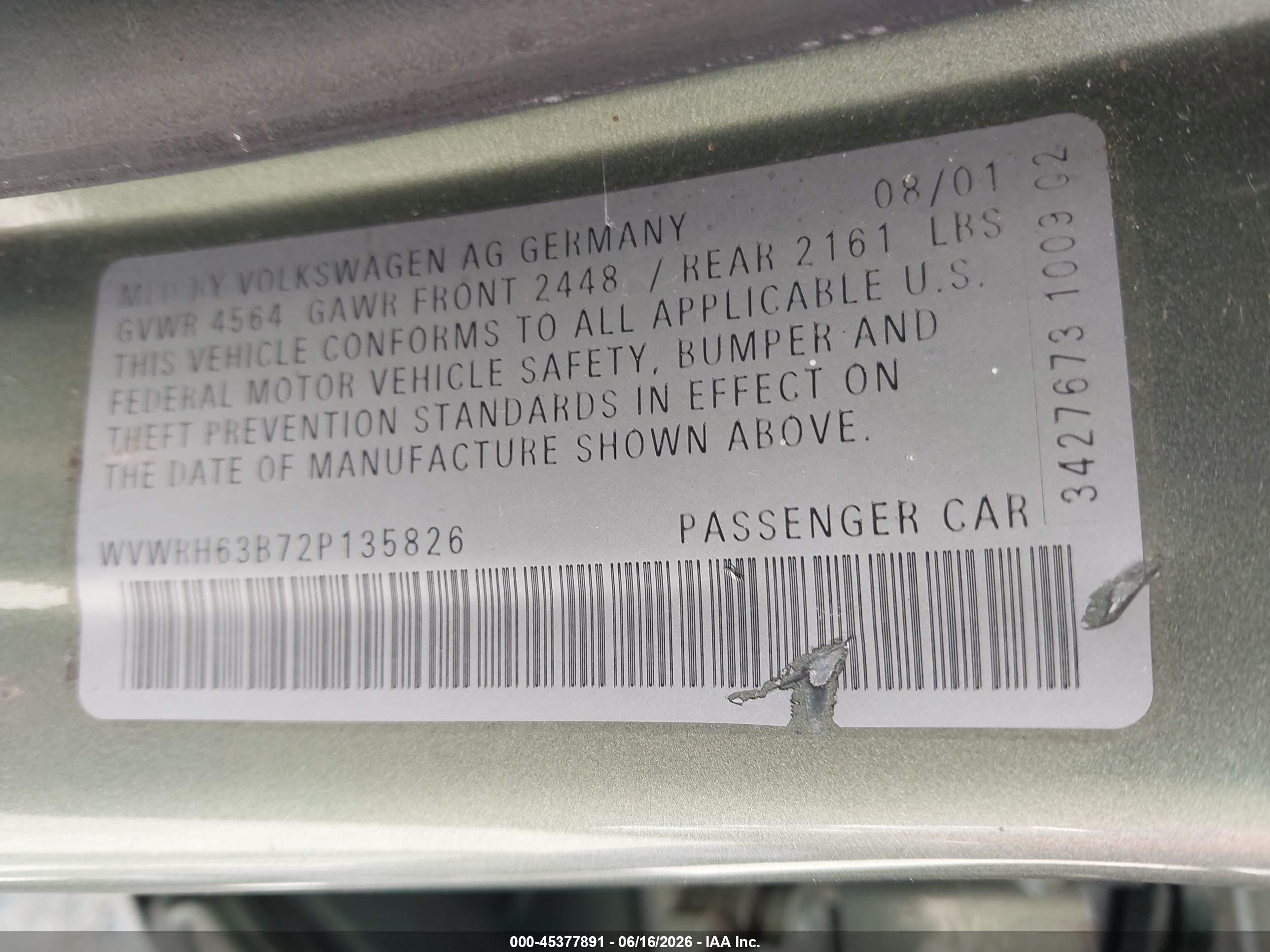 2002 Volkswagen Passat Glx Beige vin: WVWRH63B72P135826