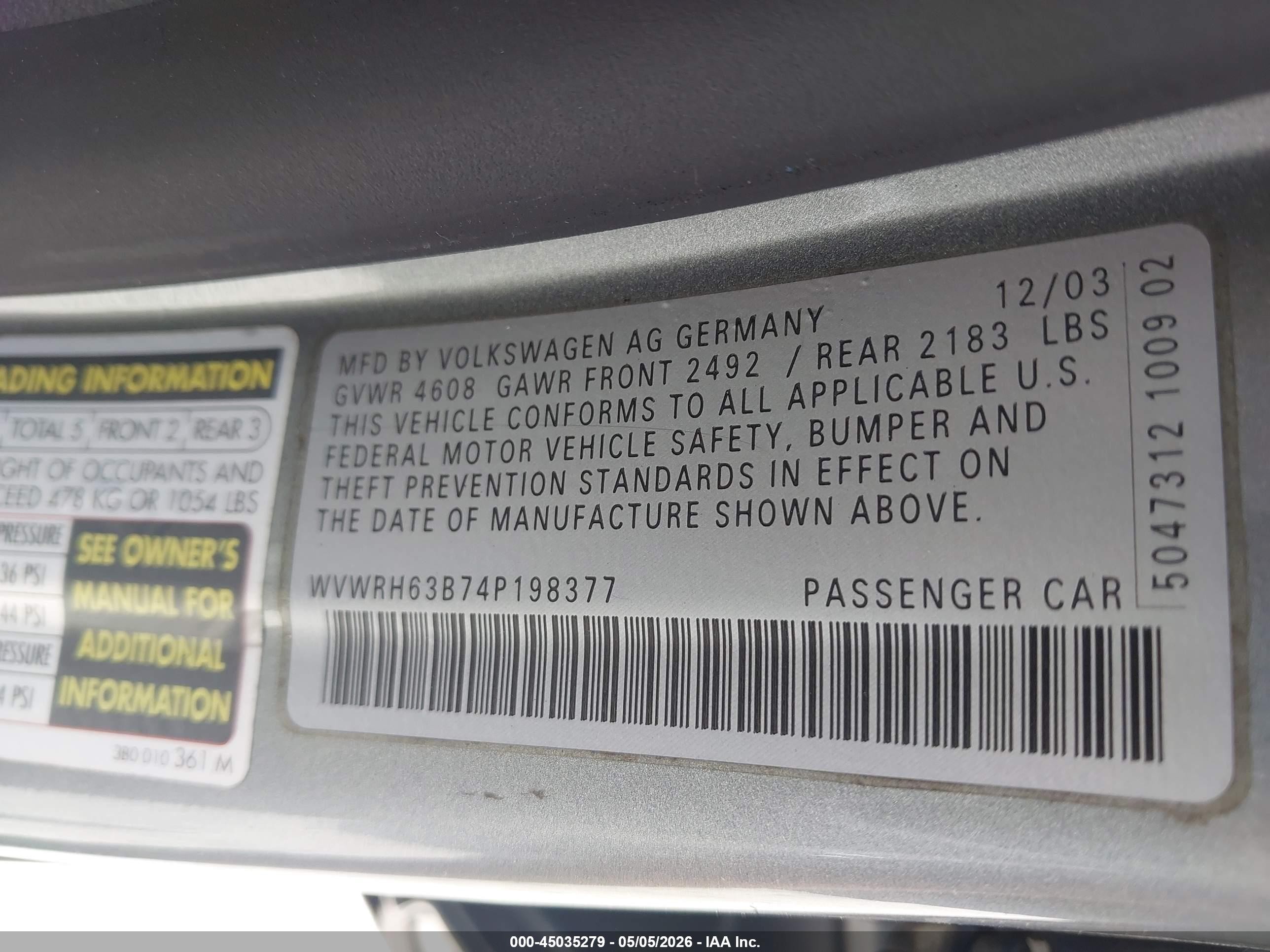 2004 Volkswagen Passat Glx Gray vin: WVWRH63B74P198377