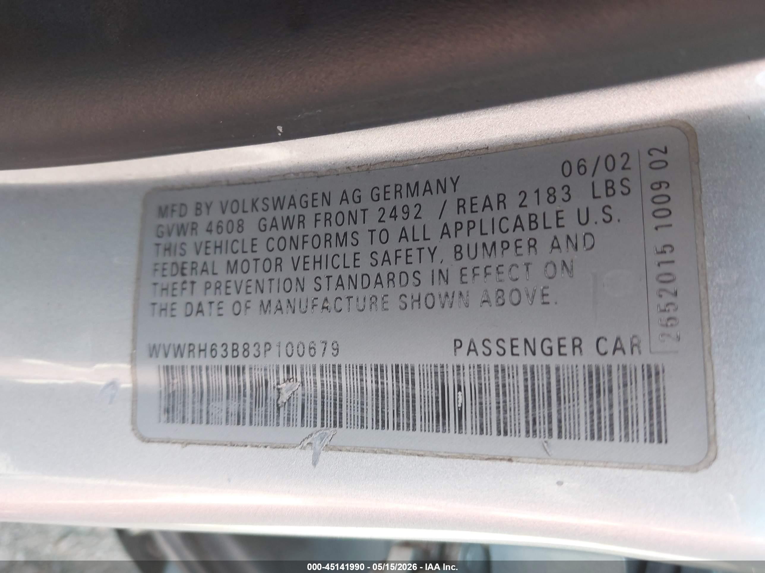 2003 Volkswagen Passat Glx Silver vin: WVWRH63B83P100679