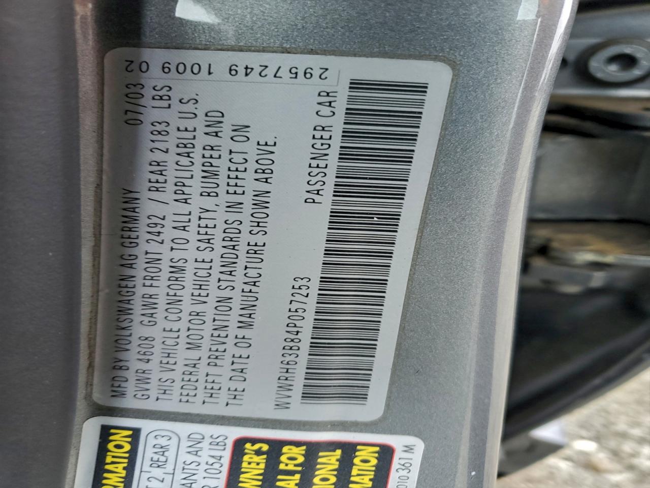 2004 Volkswagen Passat Glx Gray vin: WVWRH63B84P057253