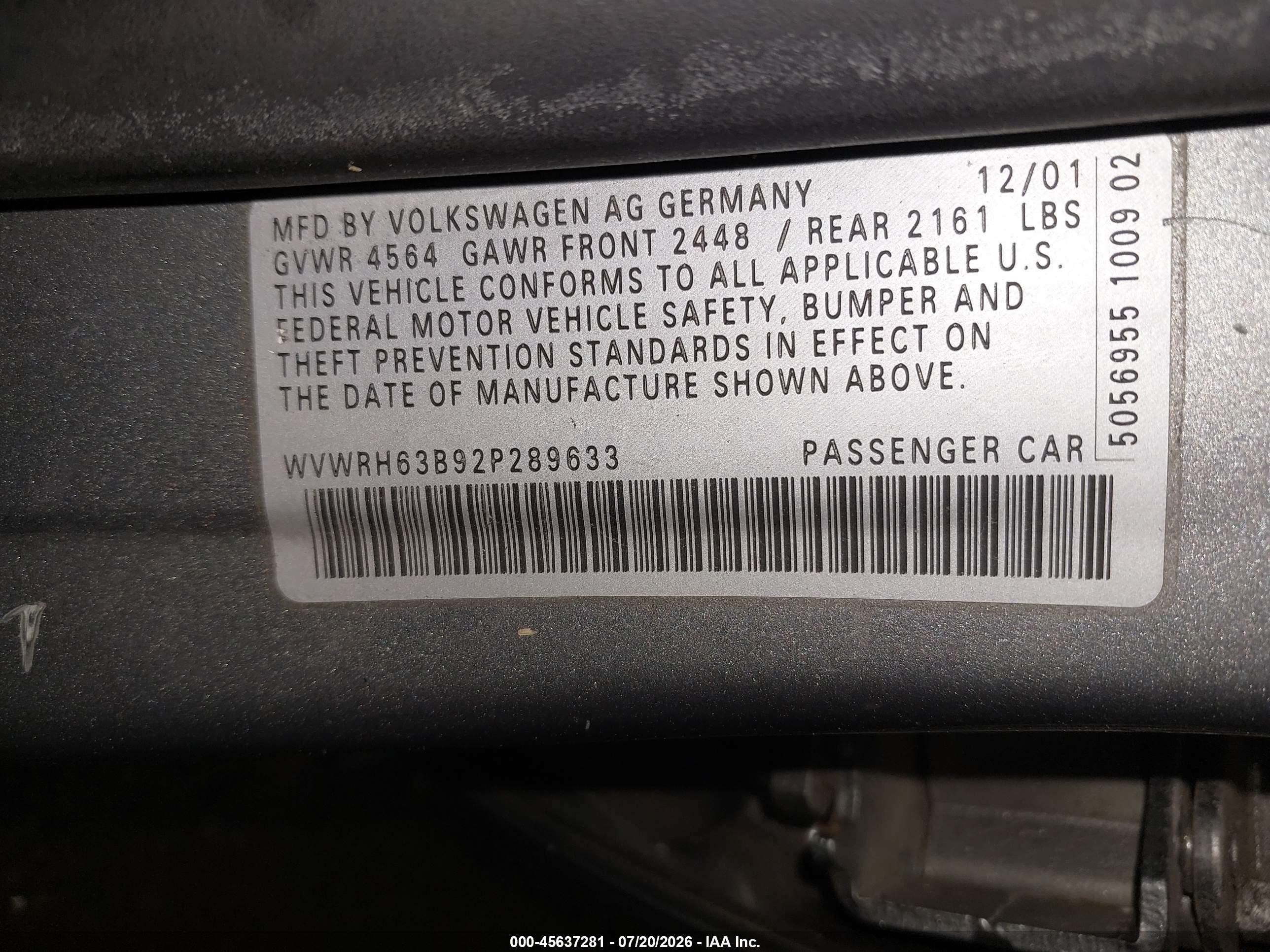 2002 Volkswagen Passat Glx Gray vin: WVWRH63B92P289633