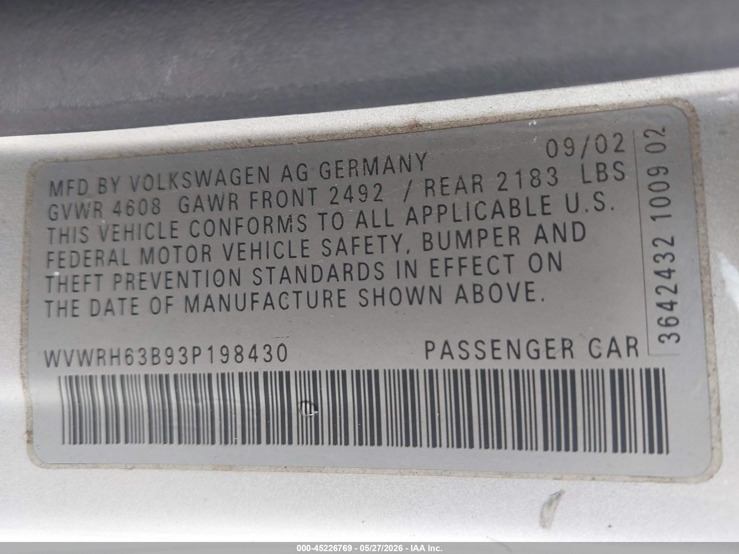 2003 Volkswagen Passat Glx Silver vin: WVWRH63B93P198430