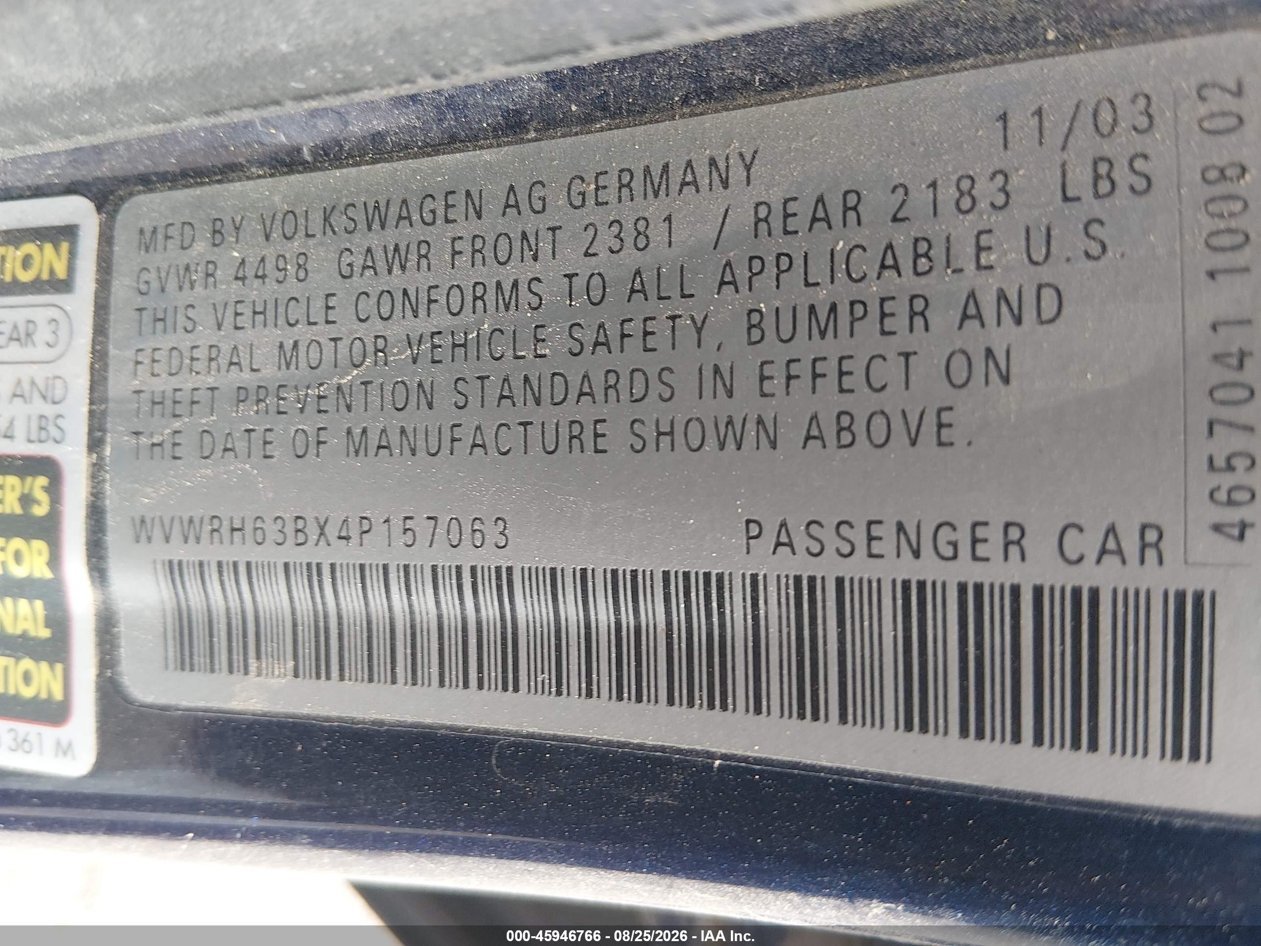 2004 Volkswagen Passat Glx Blue vin: WVWRH63BX4P157063