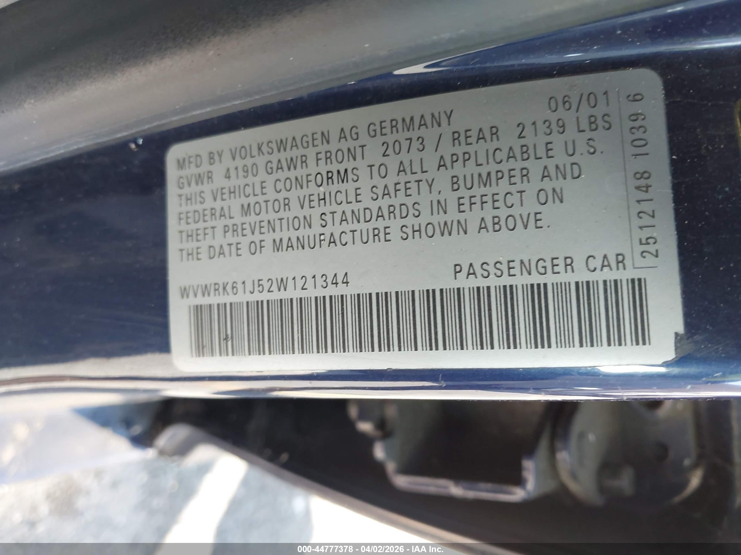 2002 Volkswagen Jetta Gl Blue vin: WVWRK61J52W121344