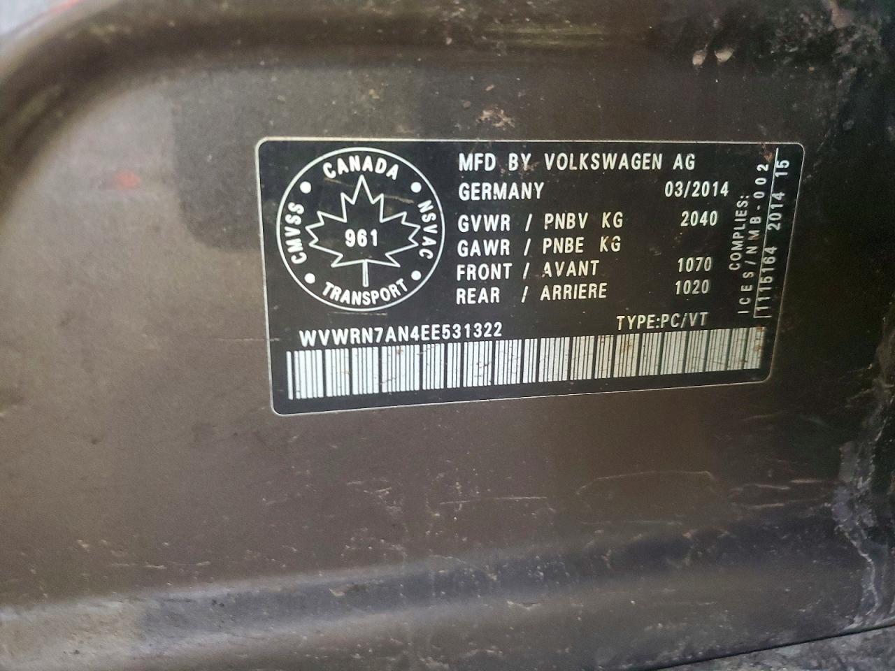 2014 Volkswagen Cc Base Charcoal vin: WVWRN7AN4EE531322