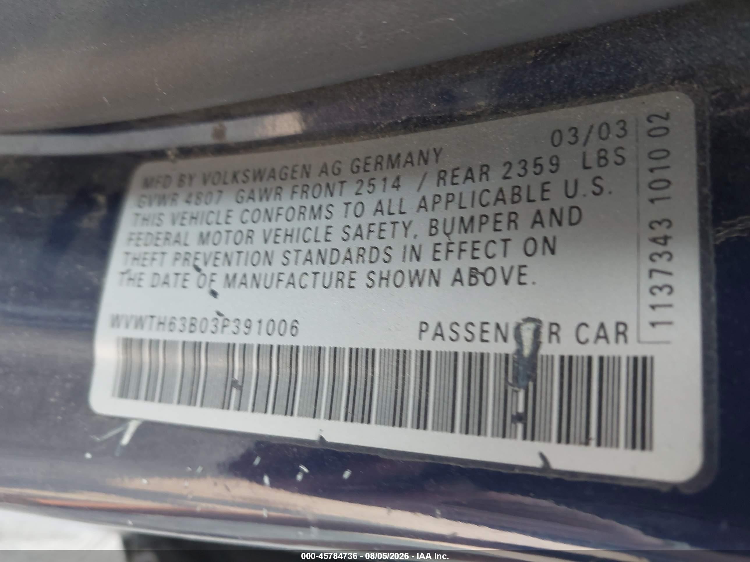2003 Volkswagen Passat Glx Dark Blue vin: WVWTH63B03P391006