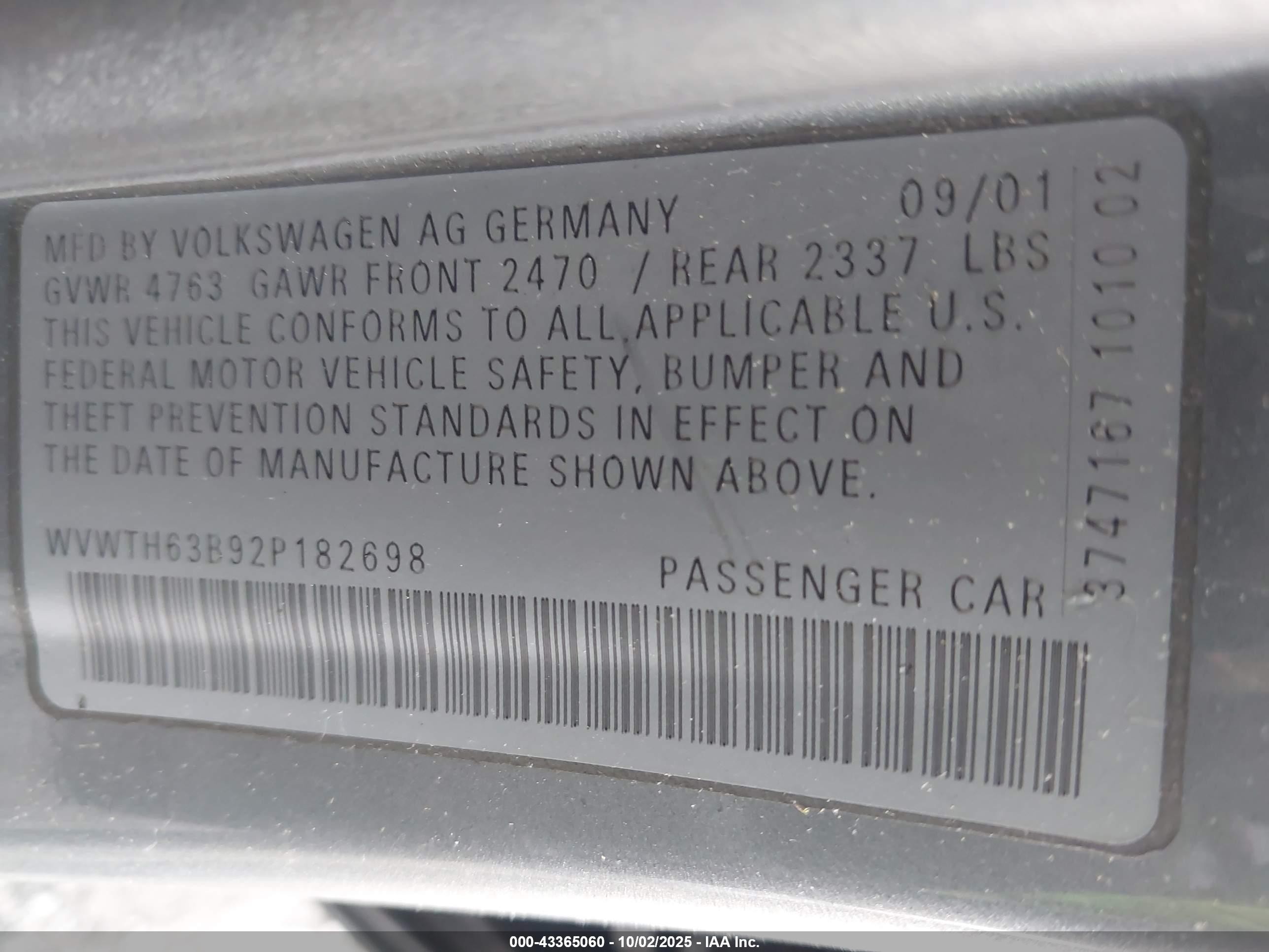 2002 Volkswagen Passat Glx Silver vin: WVWTH63B92P182698