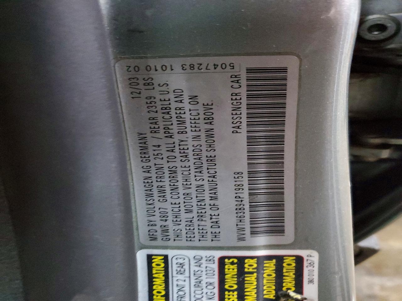 2004 Volkswagen Passat Glx 4motion Silver vin: WVWTH63B94P198158