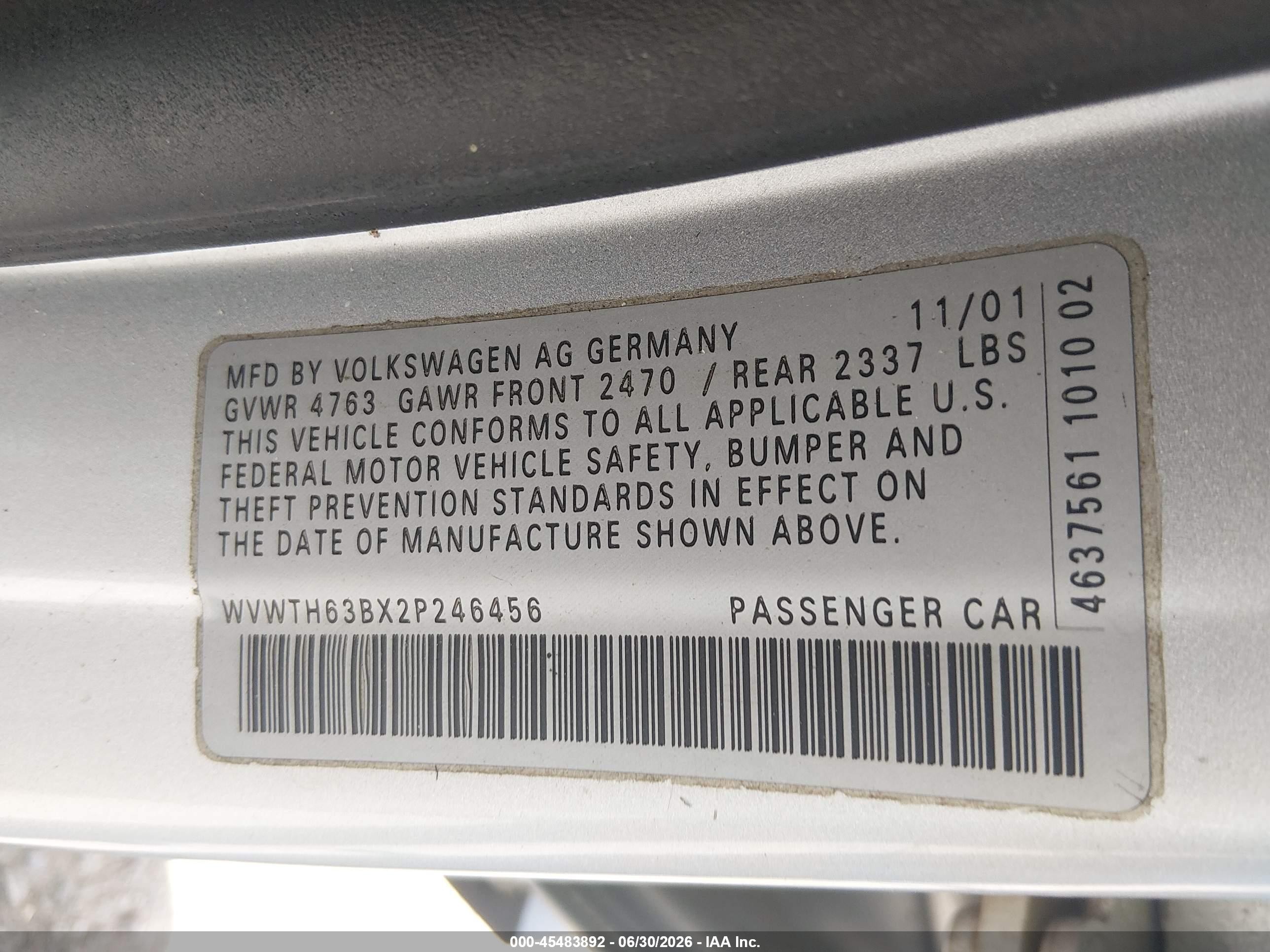 2002 Volkswagen Passat Glx Silver vin: WVWTH63BX2P246456