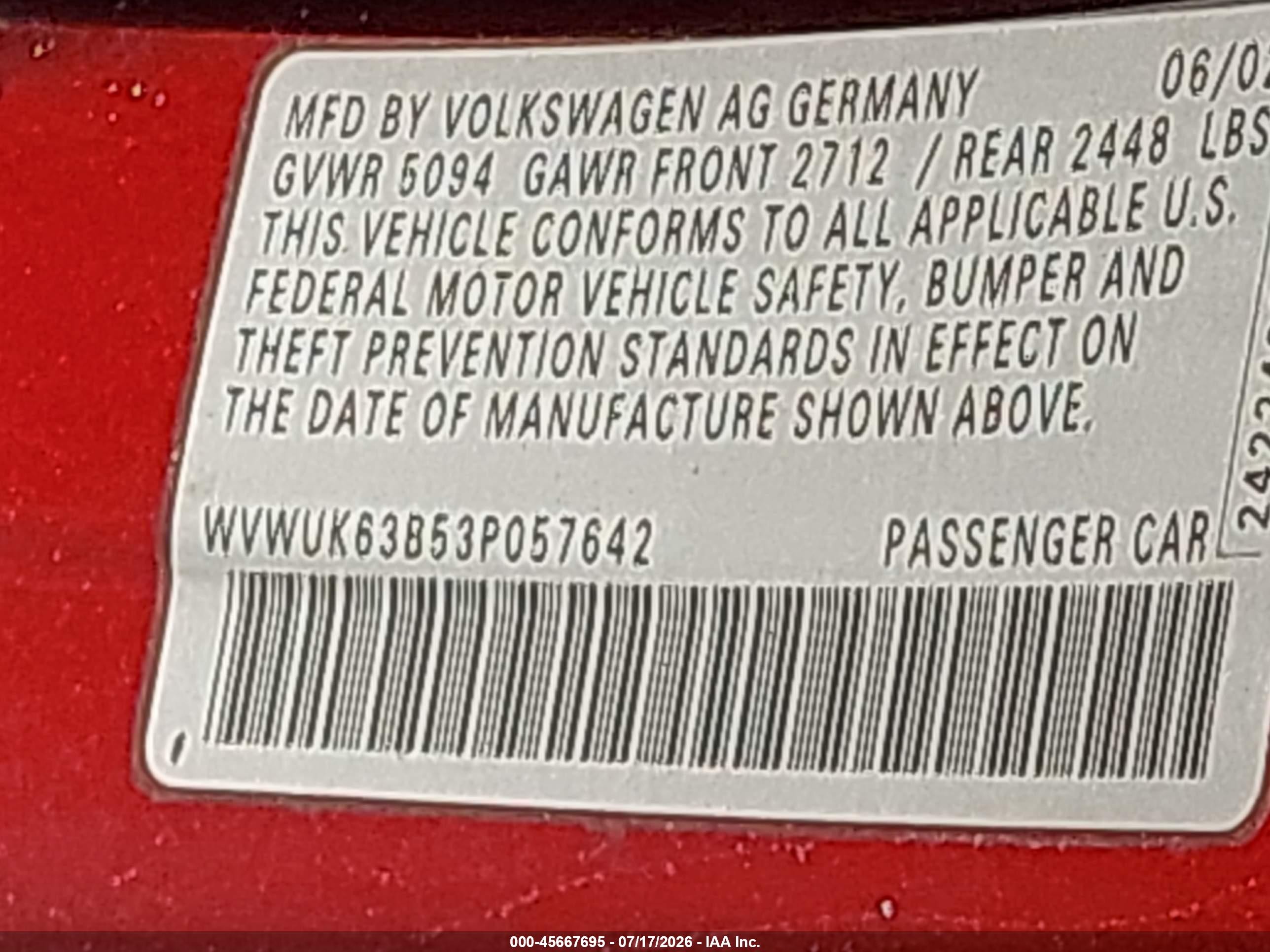 2003 Volkswagen Passat W8 Red vin: WVWUK63B53P057642