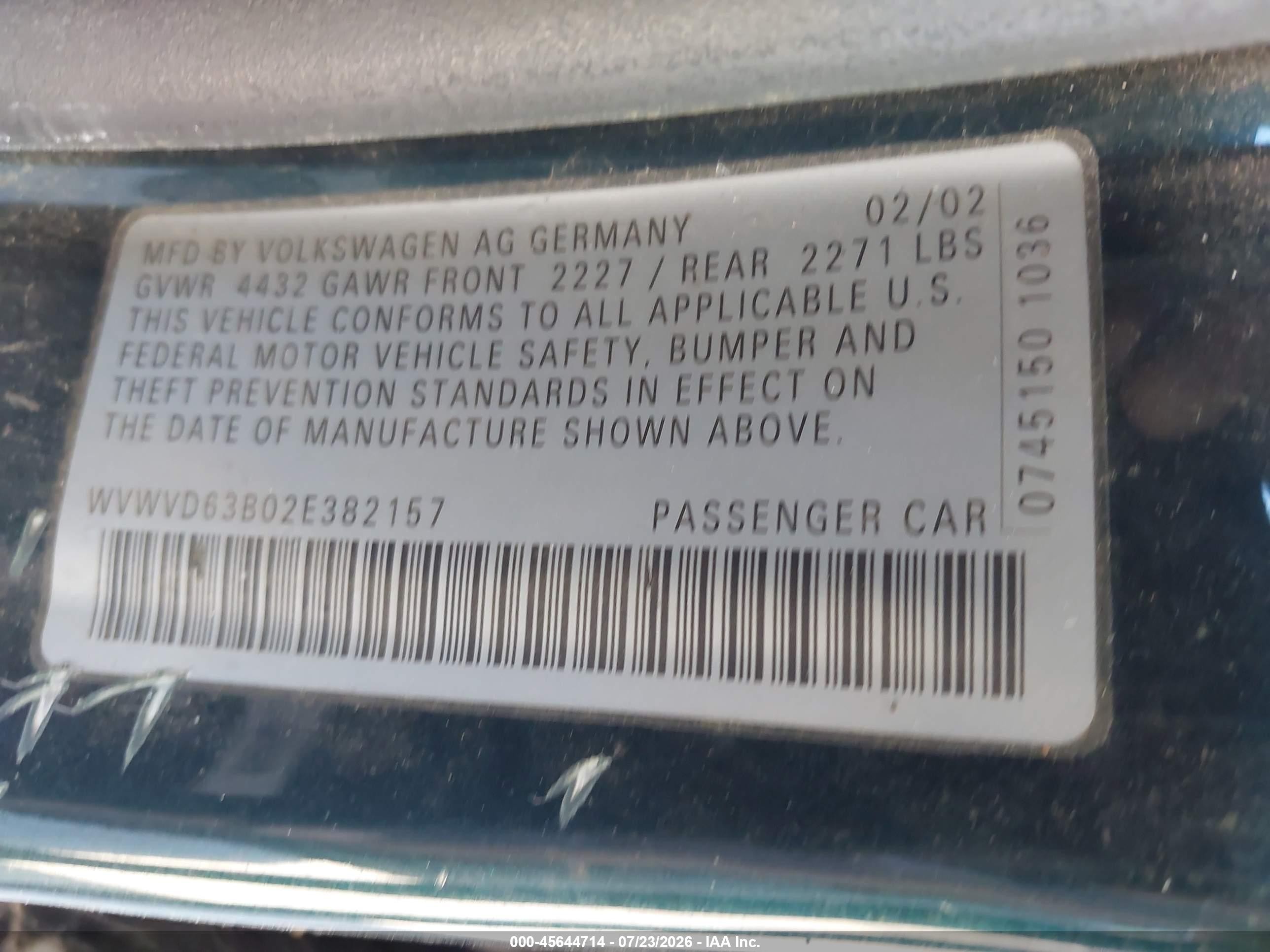 2002 Volkswagen Passat Gls Green vin: WVWVD63B02E382157