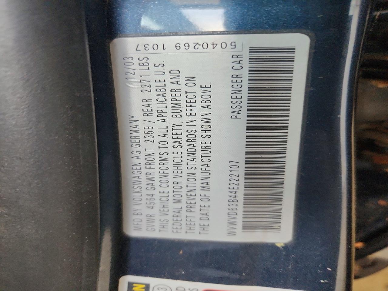 2004 Volkswagen Passat Gls Blue vin: WVWVD63B44E222107
