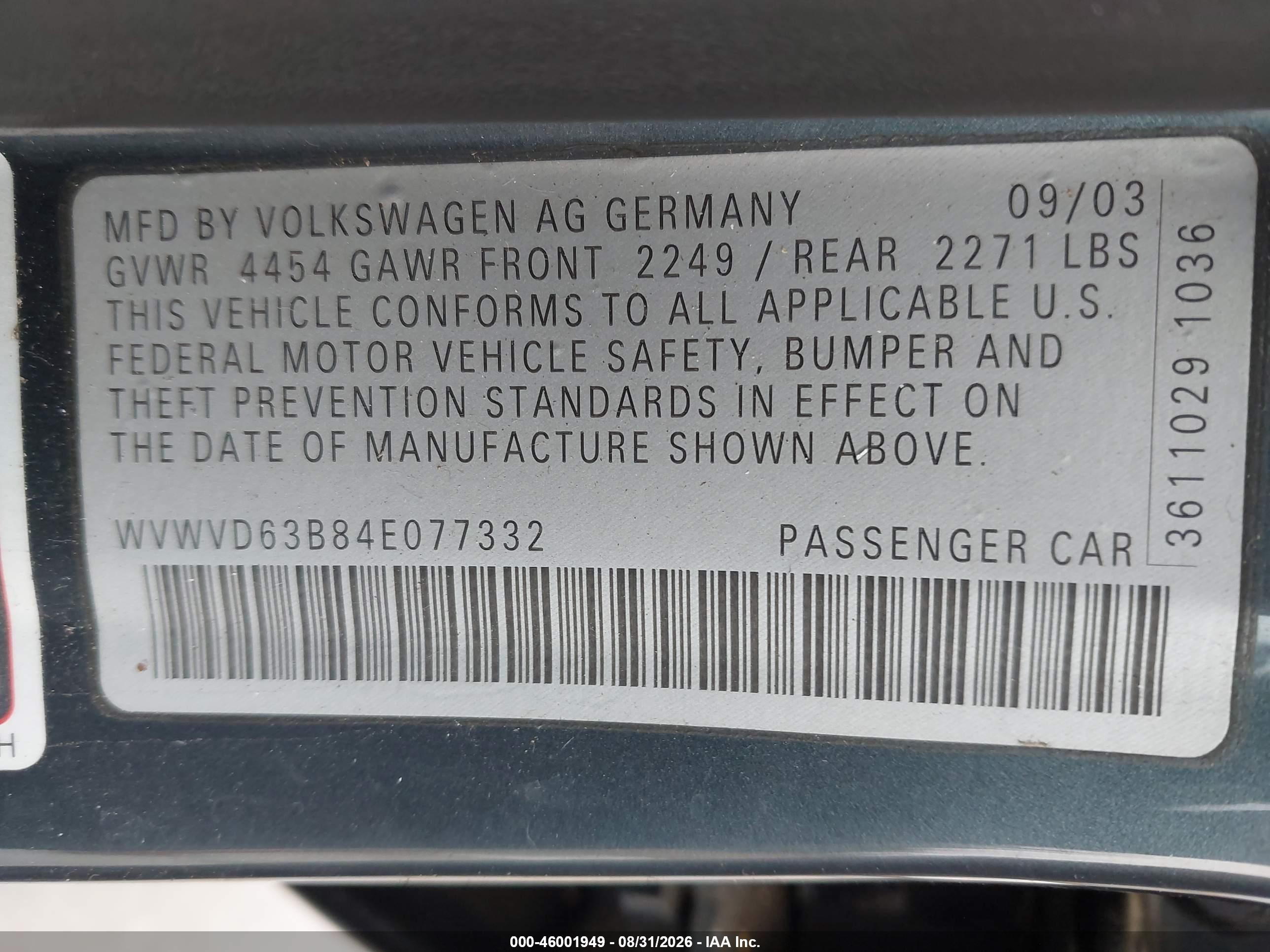 2004 Volkswagen Passat Gls Blue vin: WVWVD63B84E077332