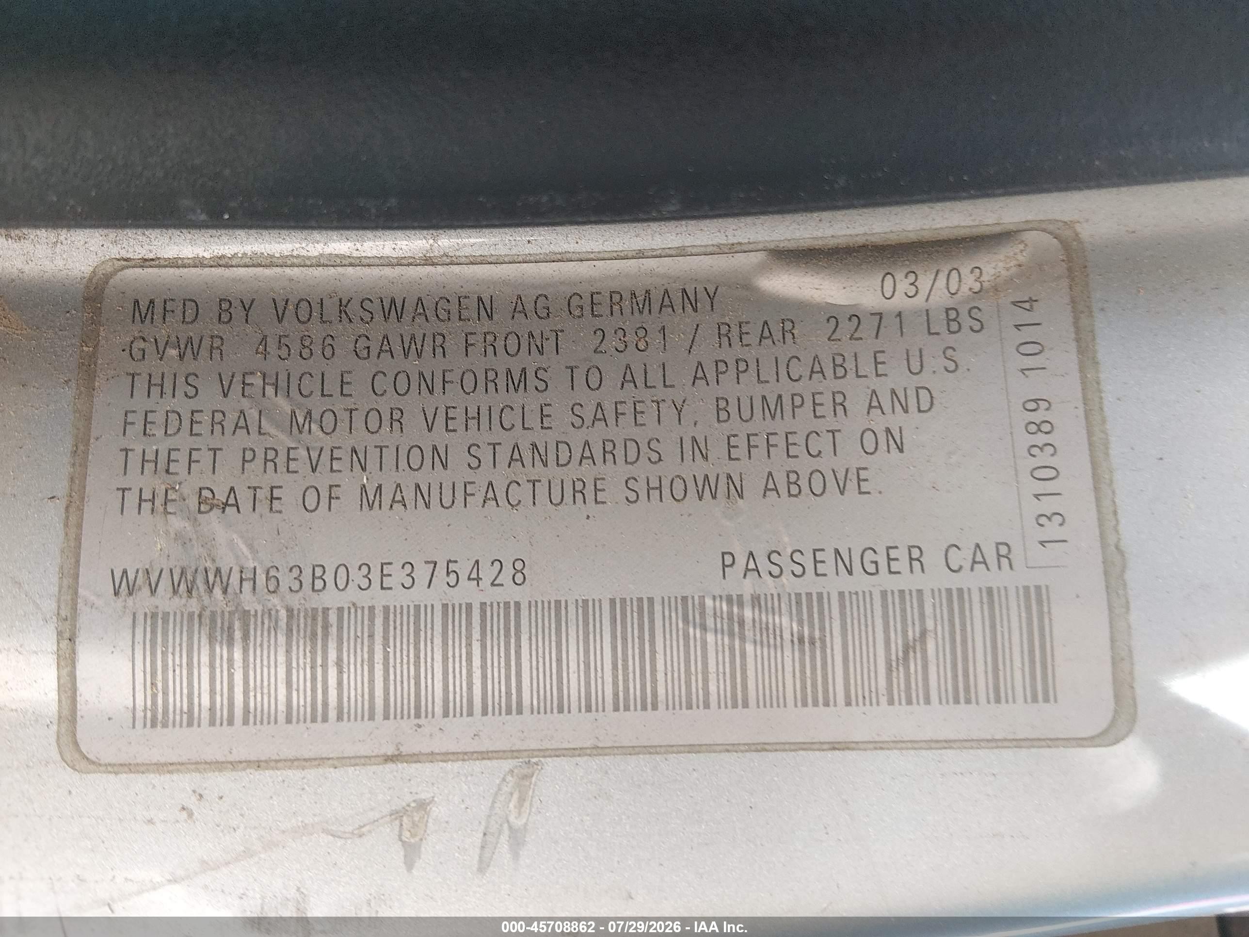 2003 Volkswagen Passat Glx Серый vin: WVWWH63B03E375428