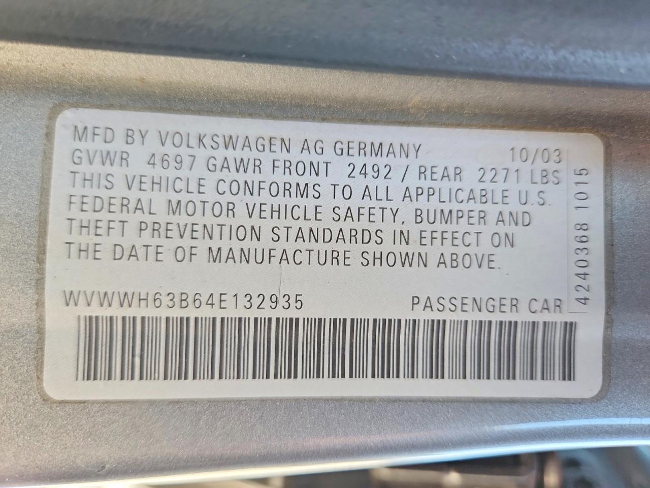2004 Volkswagen Passat Glx Gray vin: WVWWH63B64E132935