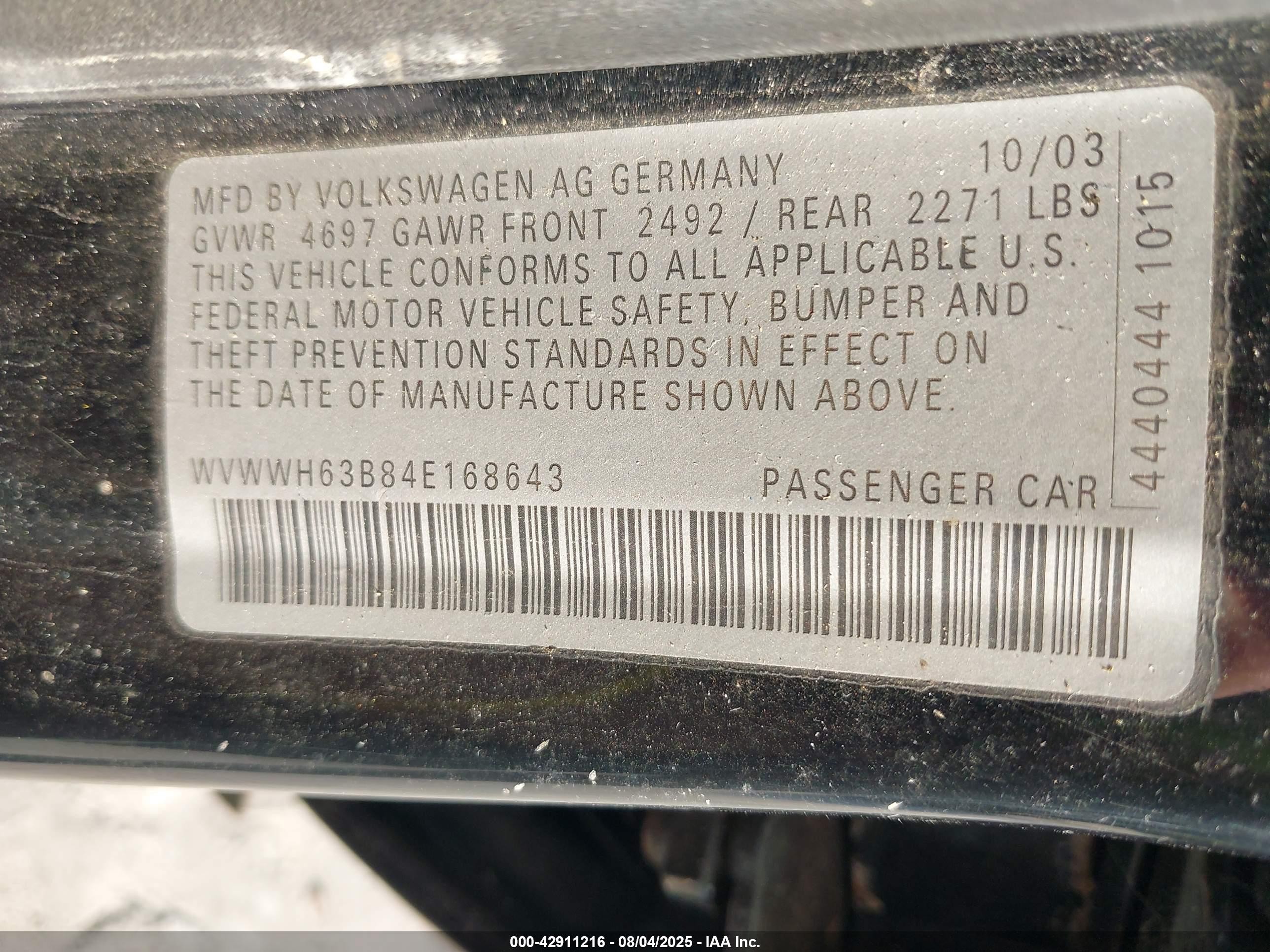 2004 Volkswagen Passat Glx Черный vin: WVWWH63B84E168643