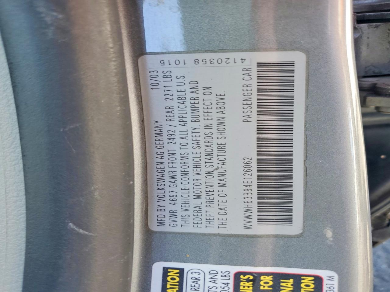 2004 Volkswagen Passat Glx Gray vin: WVWWH63B94E126062