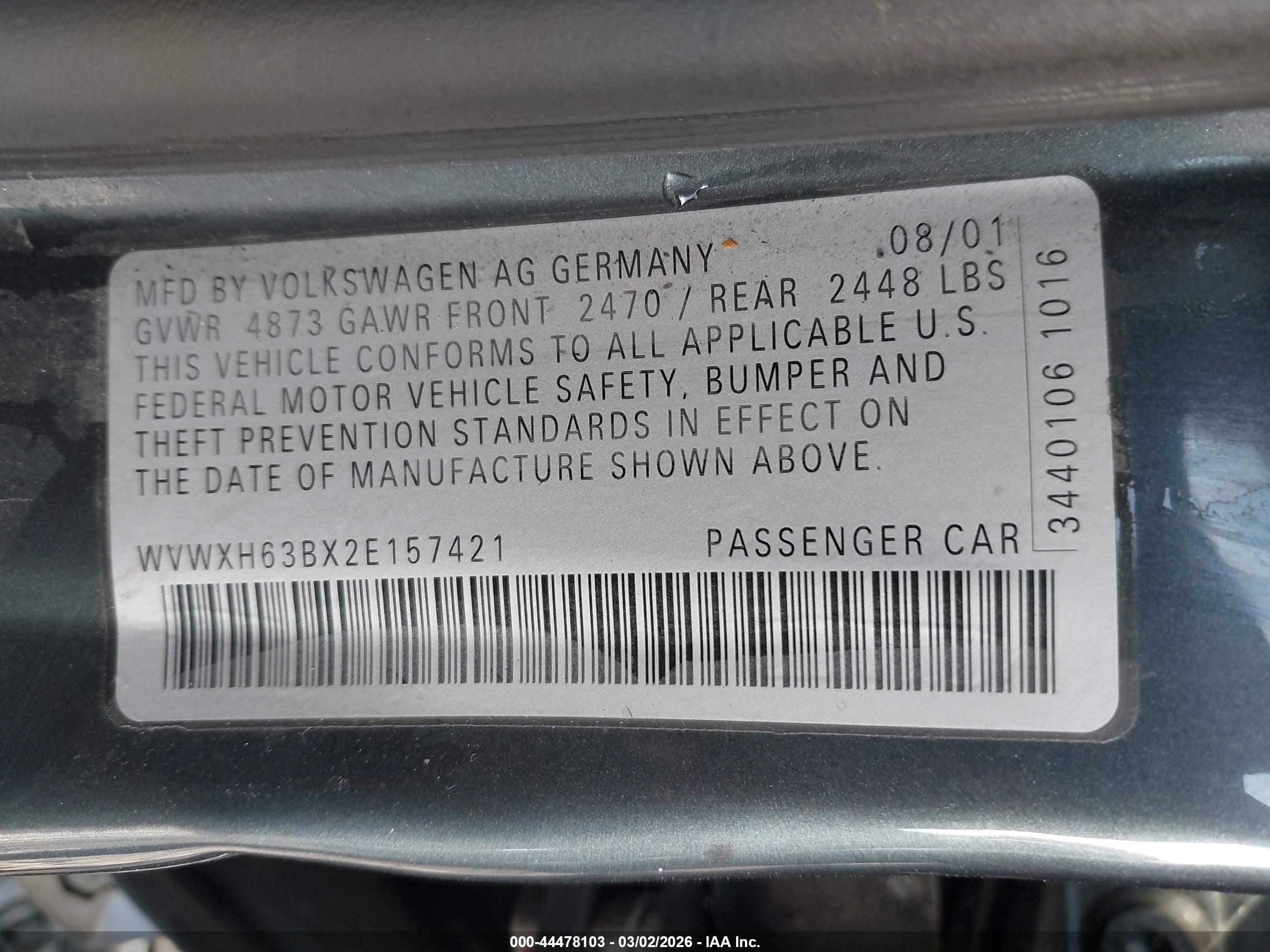 2002 Volkswagen Passat Gls V6 Gray vin: WVWXH63BX2E157421