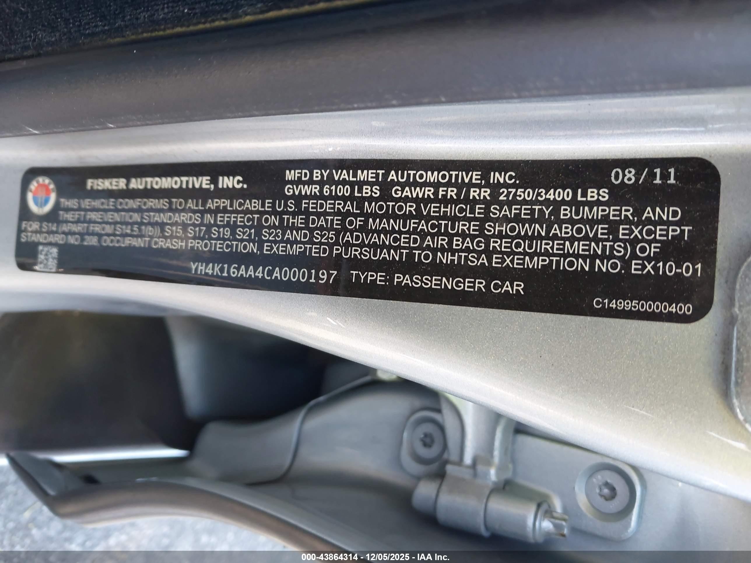 2012 Fisker Karma Ecochic Серебряный vin: YH4K16AA4CA000197