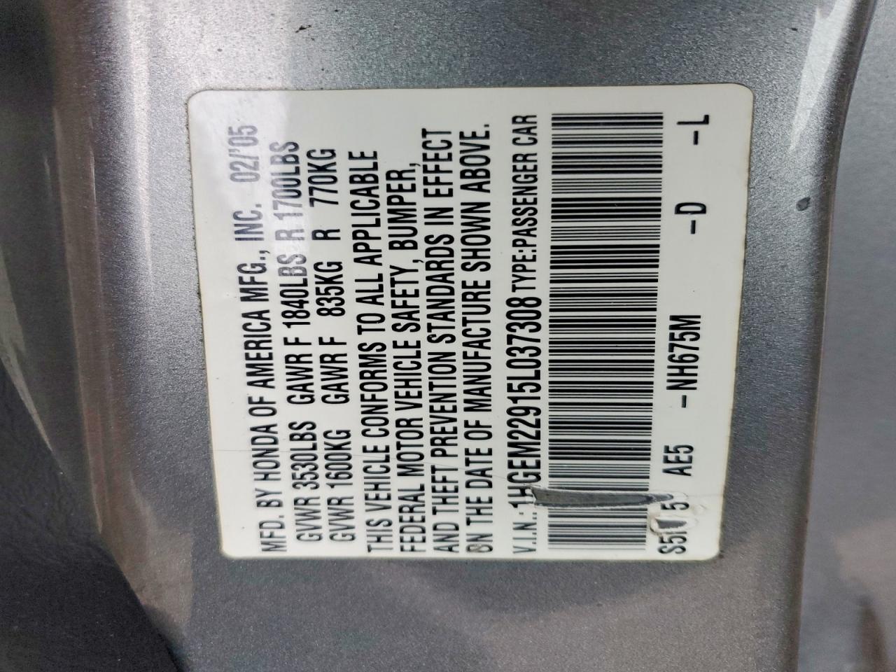 2005 Honda Civic Ex Gray vin: YHGEM22915L037308