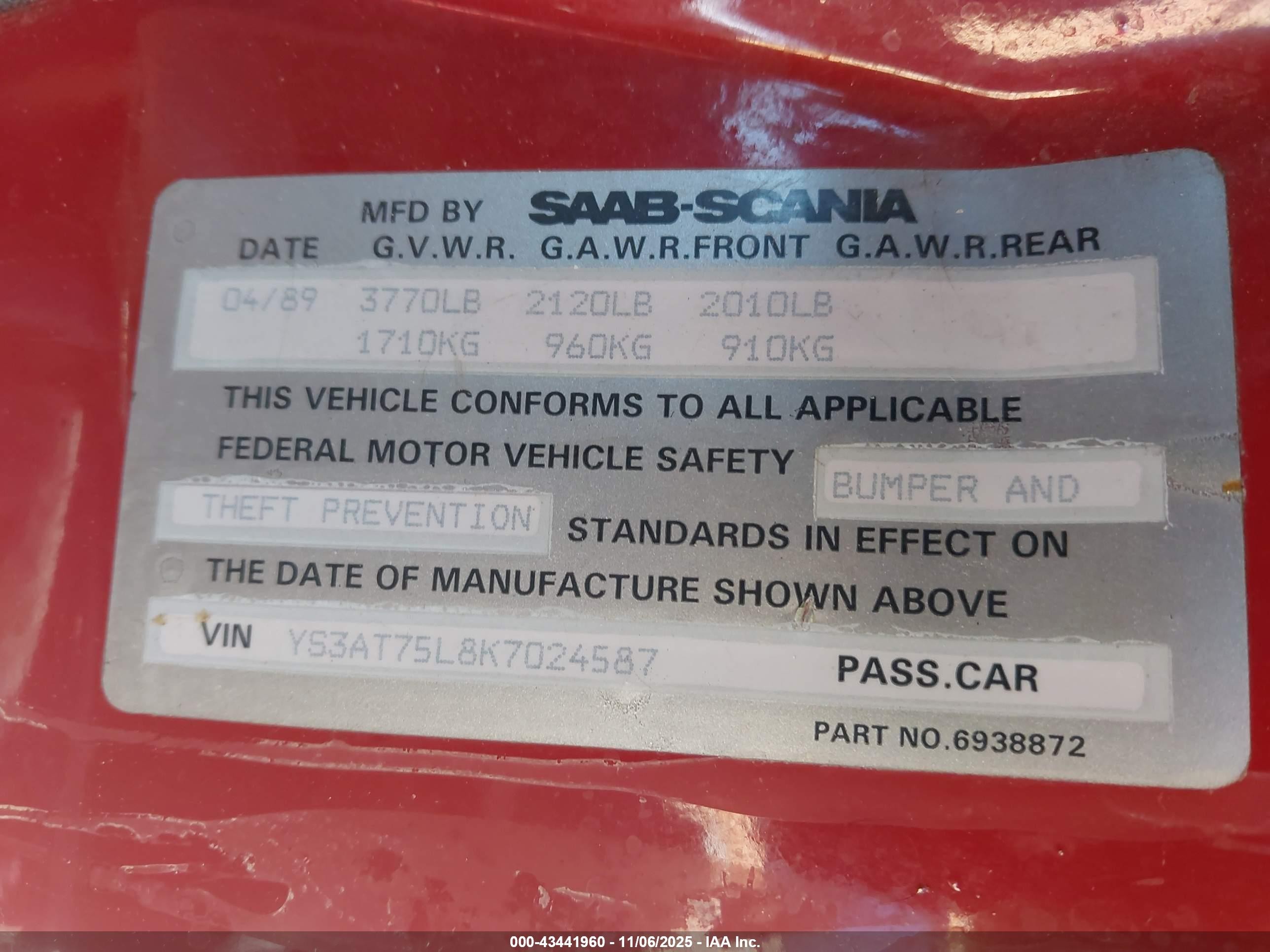1989 Saab 900   Красный vin: YS3AT75L8K7024587