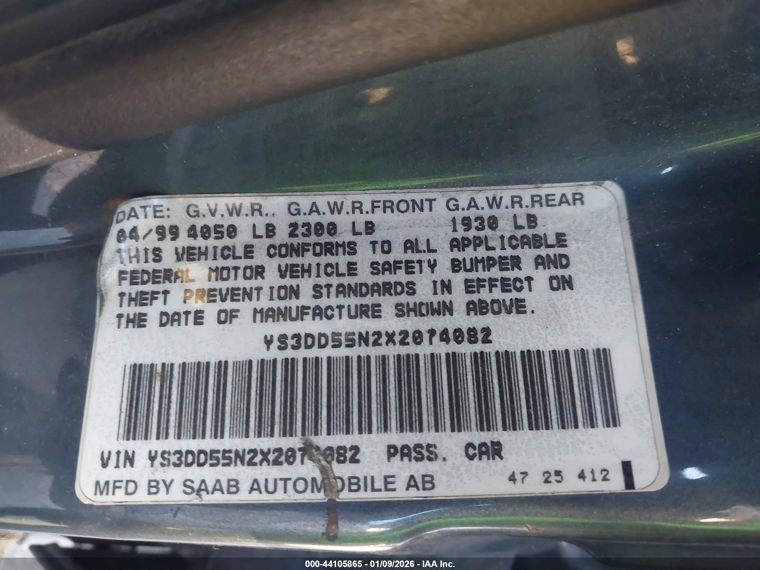 1999 Saab 9-3   Blue vin: YS3DD55N2X2074082